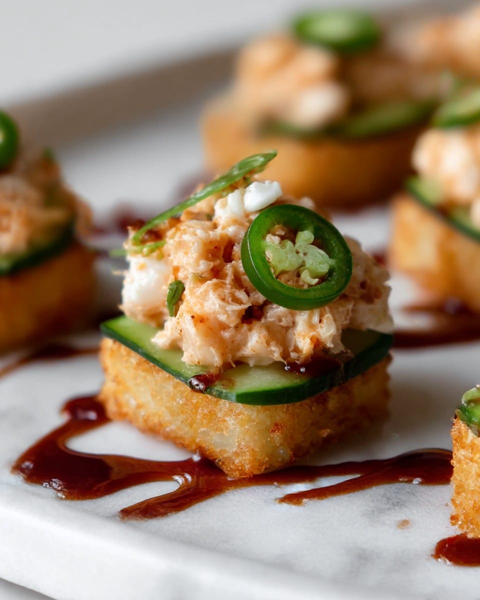 The image shows a close-up of a sushi piece held by wooden chopsticks, with a white marbled surface underneath. The sushi is made of a bottom layer of crispy golden-brown grilled rice, topped with a layer of green sliced jalapeños, then a creamy mix of orange spicy seafood, garnished with a slice of fresh green jalapeño on top. In the background, several similar sushi pieces sit on a white plate with a small white dish filled with dark soy sauce in front. Some drops of sauce can be seen around the plate, adding shine and texture to the scene. Photo taken with an iphone --ar 4:5 --v 7