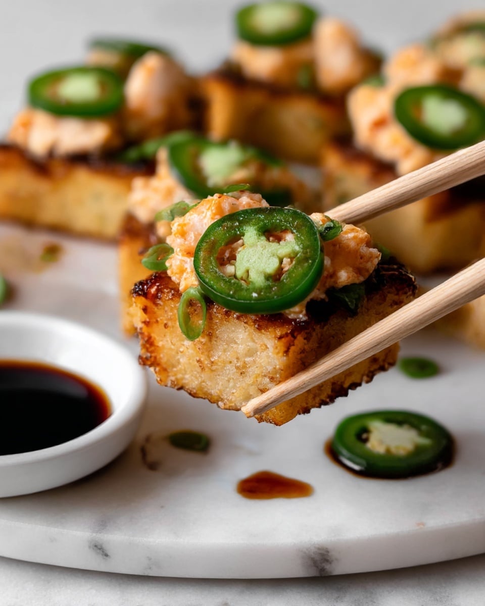 This image shows a close-up of bite-sized sushi pieces arranged on a white plate with a white marbled background. Each sushi piece has three main layers: a crispy, golden-brown fried rice base, topped with a thin green cucumber slice, and a generous mound of creamy orange seafood mix with small white bits and topped with a green jalapeño slice. There is a dark brown sauce drizzled artfully on the plate underneath and around the sushi pieces, adding shine and contrast. The focus is on the front sushi piece, while others blur softly into the background. Photo taken with an iphone --ar 4:5 --v 7
