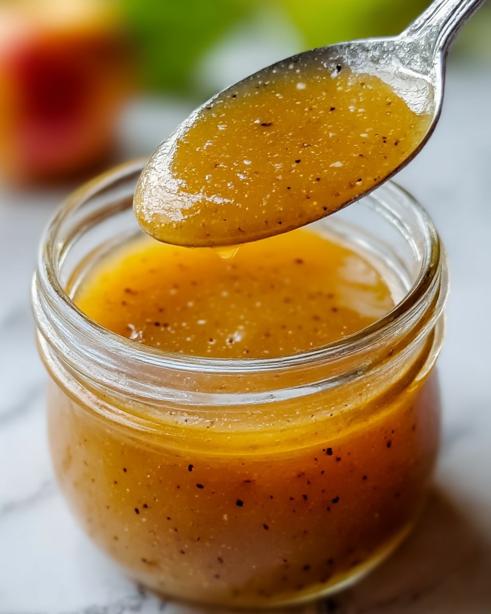 A small clear glass jar filled with a thick, golden-brown sauce speckled with tiny dark and white particles, showing a smooth and slightly glossy texture. A silver spoon above the jar holds some of the sauce, highlighting its viscous and shiny consistency with visible specks. The background is softly blurred with hints of green and reddish shapes, all set on a white marbled surface. photo taken with an iphone --ar 4:5 --v 7