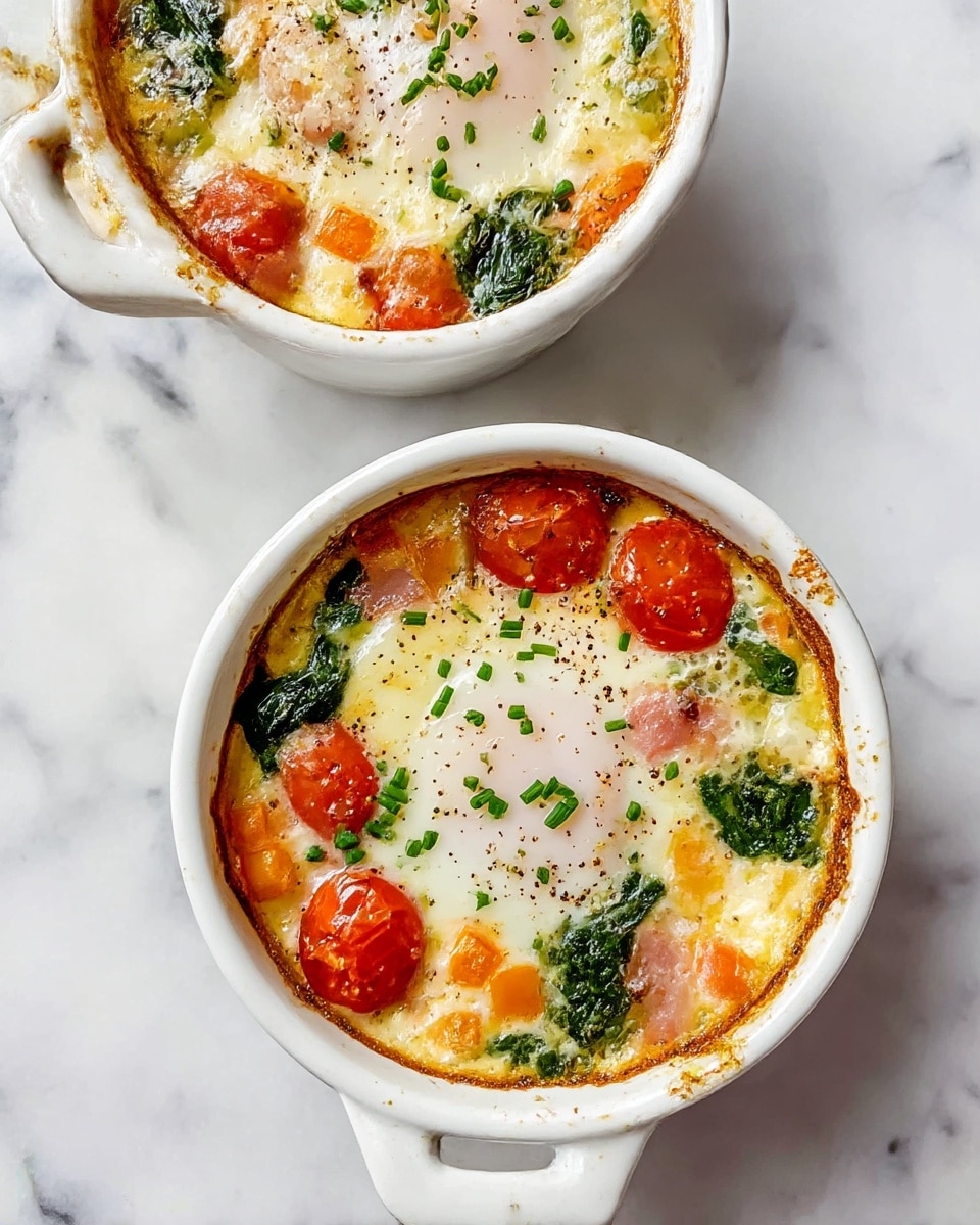 The image shows two white round baking dishes with handles, each containing a baked egg dish. Each dish has a visible layer of cooked eggs in the center, with the egg white solid and the yolk softly cooked. Surrounding the eggs are bright red cherry tomatoes, wilted dark green spinach leaves, and small diced pieces of orange vegetables and ham, all baked together in a creamy, slightly browned egg base. The top is sprinkled with small green chopped chives and a dash of black pepper. The dishes are placed on a white marbled surface, visible in the background. photo taken with an iphone --ar 4:5 --v 7