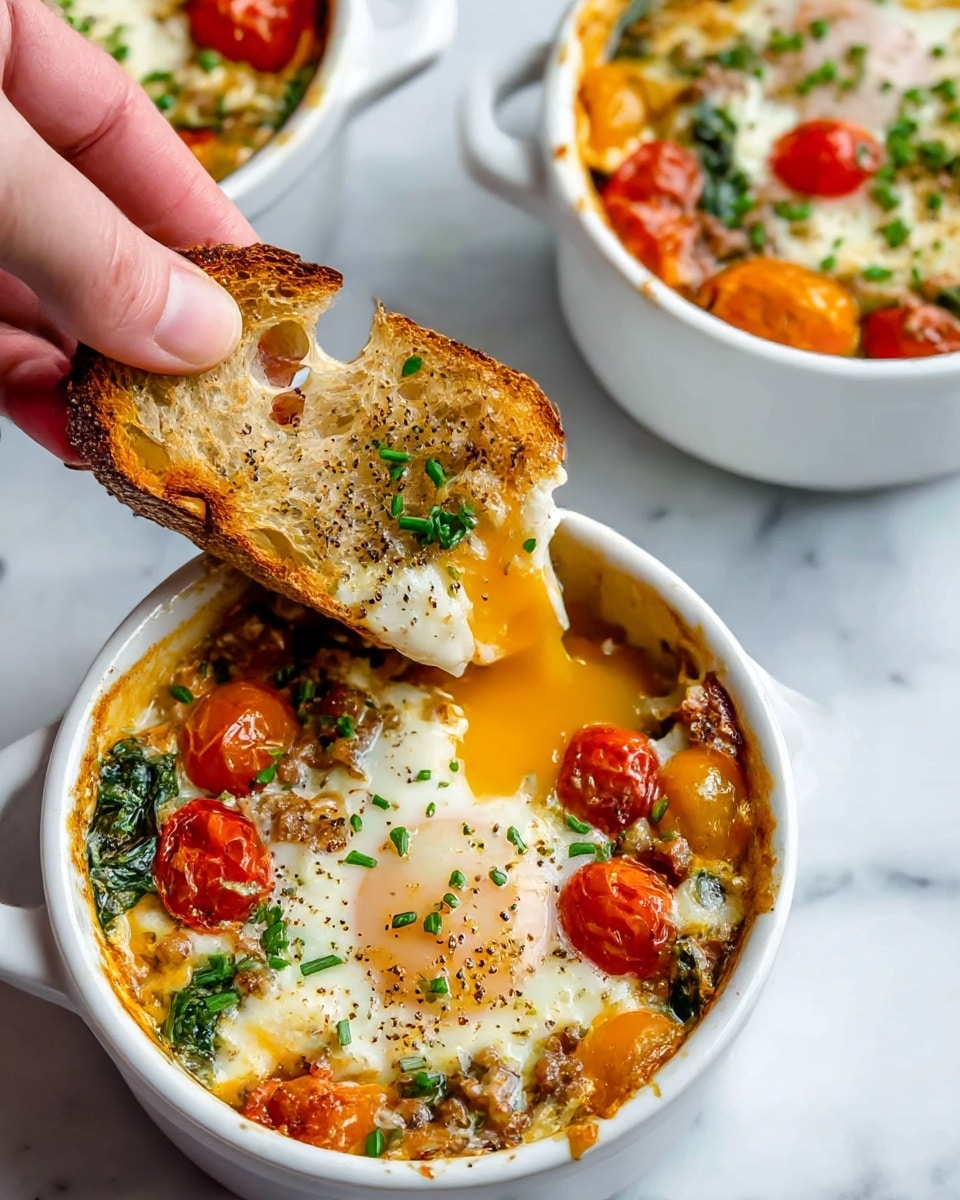 The image shows three white ceramic ramekins filled with a baked egg dish layered with bright orange bell peppers, wilted green spinach, roasted red cherry tomatoes, and bits of browned meat, all mixed into creamy melted cheese and soft cooked eggs with visible slightly runny yolks. The top layer is sprinkled with black pepper and chopped green chives, adding texture and green color. A woman's hand is dipping a piece of crusty brown bread into the ramekin in the foreground with the soft yolk and melted cheese clinging to it. The ramekins sit on a white marbled surface that highlights the warm colors of the dish. photo taken with an iphone --ar 4:5 --v 7