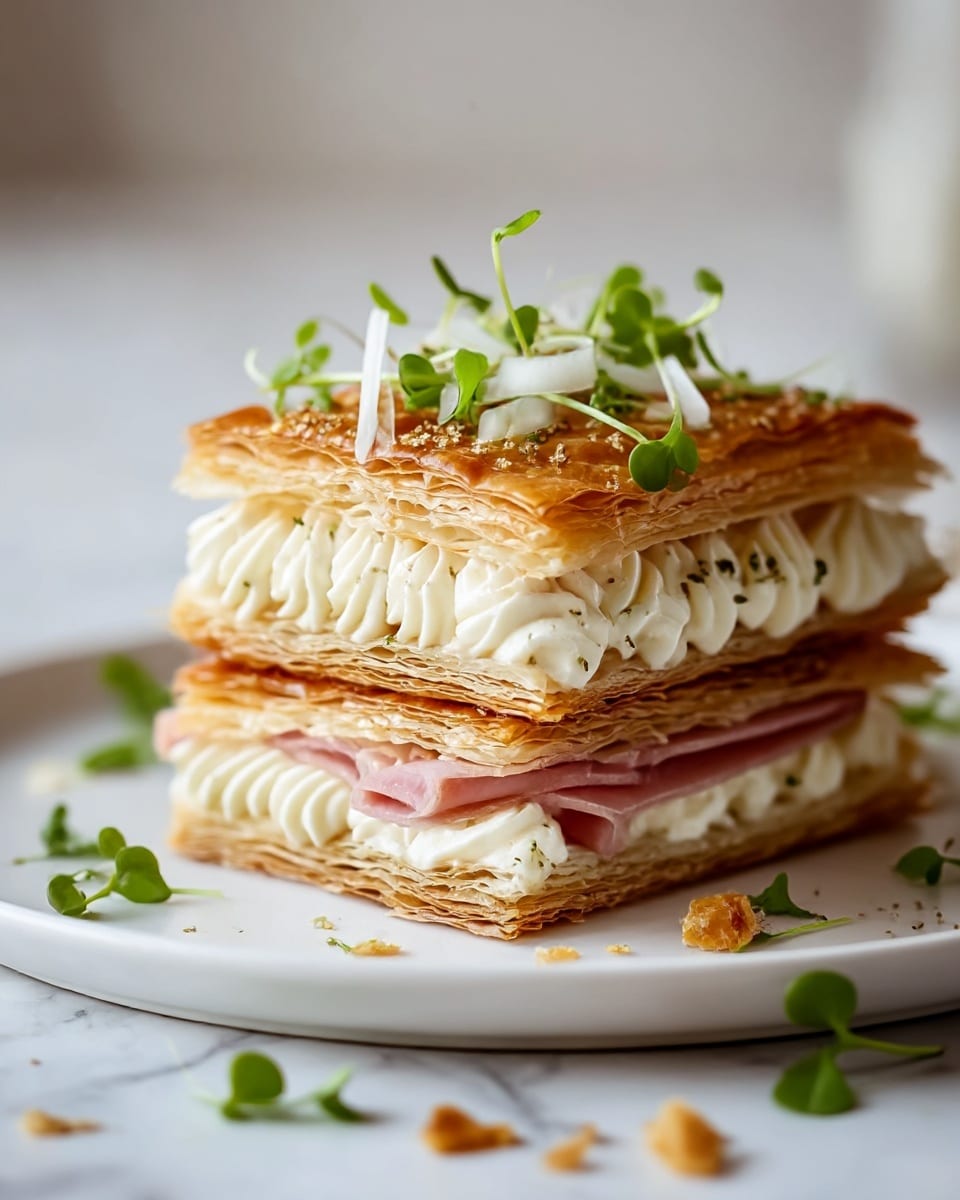 A three-layer pastry stack sits on a white plate with a soft golden-brown flaky texture for each puff pastry layer. Between these layers, there are thick, piped swirls of white creamy filling and thin folds of pinkish ham. The top layer is decorated with small green microgreens and a few white onion slivers, adding freshness and color contrast. Some small crumbs and green leaves are scattered around the plate on a white marbled surface. photo taken with an iphone --ar 4:5 --v 7