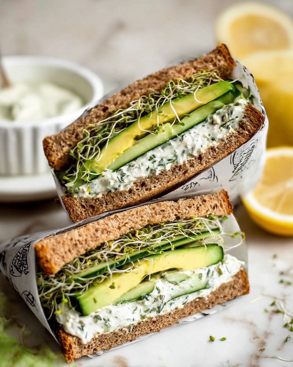 The image shows a sandwich cut in half with two visible layers inside. The bottom layer is a creamy white spread with green herbs mixed in. Above this is a layer of light green cucumber sticks and soft yellow avocado slices. Sprinkled on top are thin, white and green alfalfa sprouts. The sandwich is made with whole grain brown bread and wrapped partly in black printed paper. The background features a white marbled texture with a white bowl containing a creamy herb sauce and a sliced lemon on a white plate nearby. Photo taken with an iphone --ar 4:5 --v 7