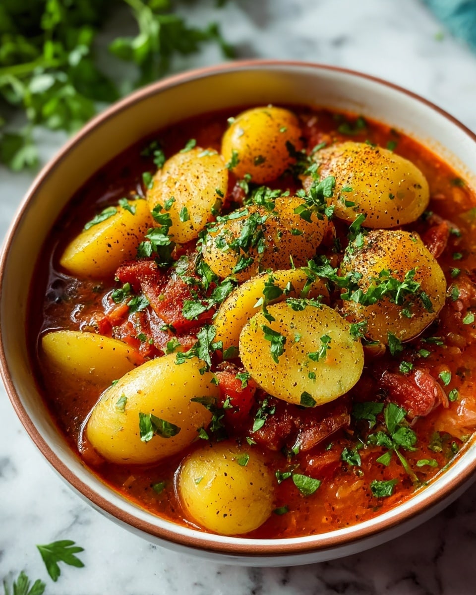 A white bowl filled with a stew showing two main layers: the bottom layer is a rich, red tomato broth scattered with soft tomato pieces, while the top layer has halved yellow potatoes with a smooth but slightly cracked skin, all sprinkled with chopped fresh green parsley and a dusting of black pepper. The bowl sits on a white marbled surface, with some blurred green herbs visible in the background, creating a fresh and earthy feeling. photo taken with an iphone --ar 4:5 --v 7