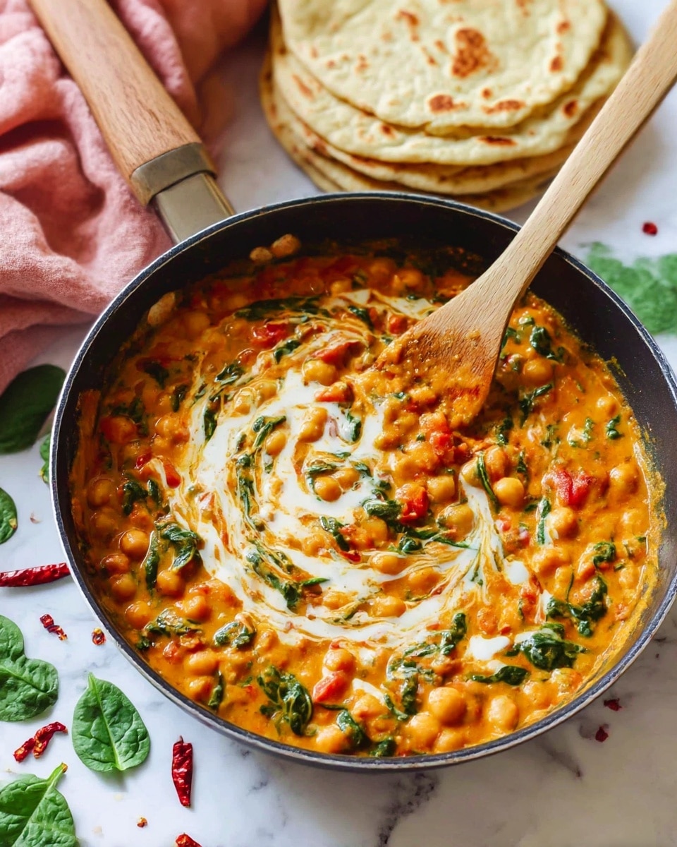 A close-up of a black frying pan with a wooden handle, filled with a creamy orange chickpea curry mixed with green spinach leaves and small bits of red tomato, with a swirl of white cream on top creating a marbled effect in the middle, and a wooden spatula partially stirring the mixture. Behind the pan, there is a stack of flatbreads with a golden-brown texture. The pan is placed on a white marbled surface with scattered spinach leaves and small red dried chili pieces around it, and a soft pink cloth draped nearby. Photo taken with an iphone --ar 4:5 --v 7