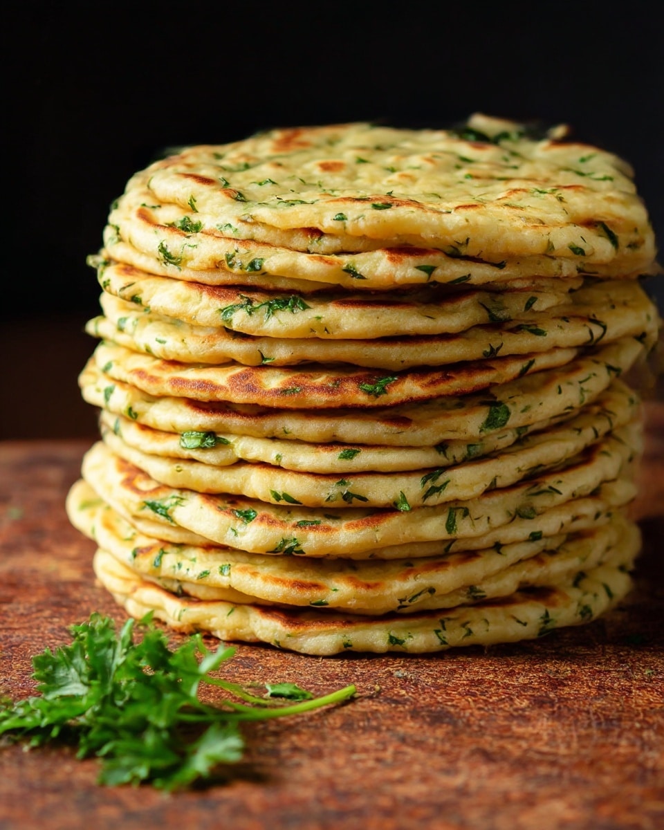 A tall stack of eight golden-brown flatbreads sits closely stacked on a rustic surface with light green herb flecks scattered throughout each round layer. The top layer is slightly uneven with some light browning spots and visible fresh green herbs embedded in the dough. A single sprig of parsley lies in front of the stack, adding a fresh green touch to the image. The background is dark, contrasting with the bright colors of the flatbreads and making them stand out clearly. photo taken with an iphone --ar 4:5 --v 7