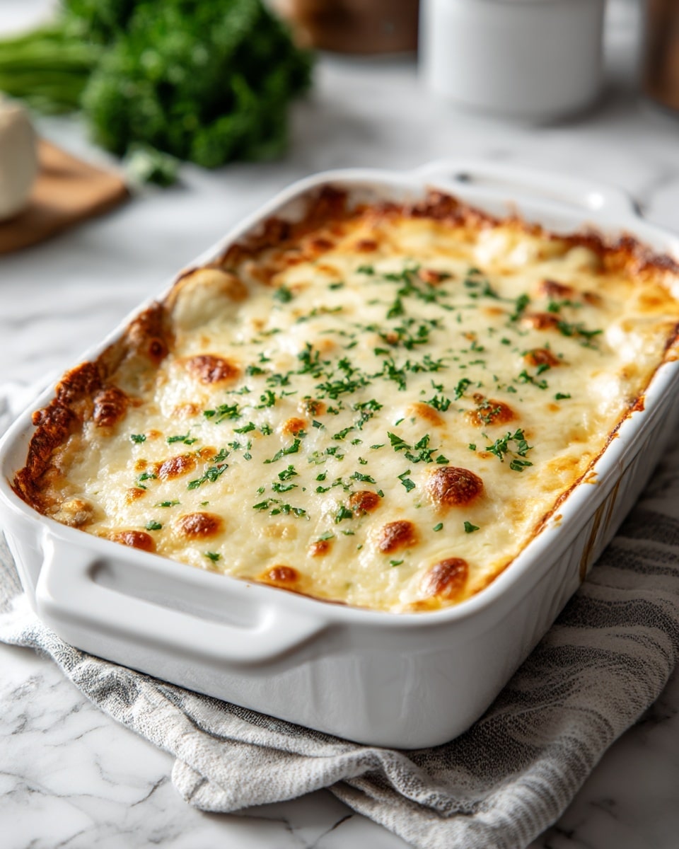 A baked dish in a white rectangular ceramic dish, topped with a bubbly, golden-brown layer of melted cheese with small patches of darker browning, sprinkled evenly with finely chopped green herbs. The edges of the cheese are slightly crispy and browned. The dish sits on a soft, white and gray striped cloth on a white marbled surface, with some blurred greenery and kitchen items in the background. photo taken with an iphone --ar 4:5 --v 7
