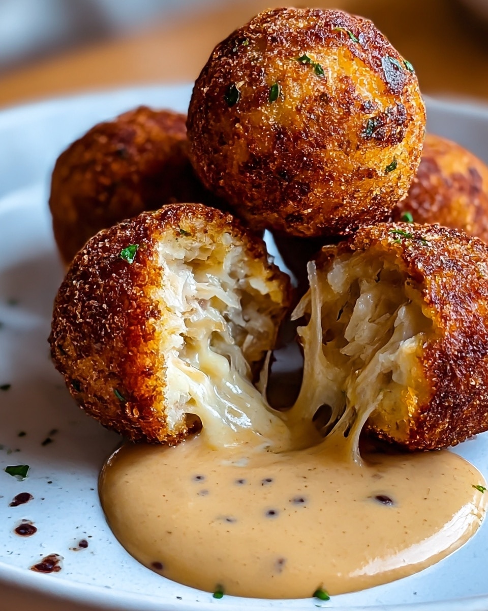 A close-up shows four round, deep-fried balls with a crispy, golden-brown outer layer speckled with small green herbs, sitting on a white plate. One ball is cut open, revealing soft, creamy inside layers made of shredded light-colored ingredients and melted cheese stretching out, dripping down into a thick, smooth light brown sauce with small dark specks on the plate below. The background is softly blurred to keep focus on the food. Photo taken with an iphone --ar 4:5 --v 7