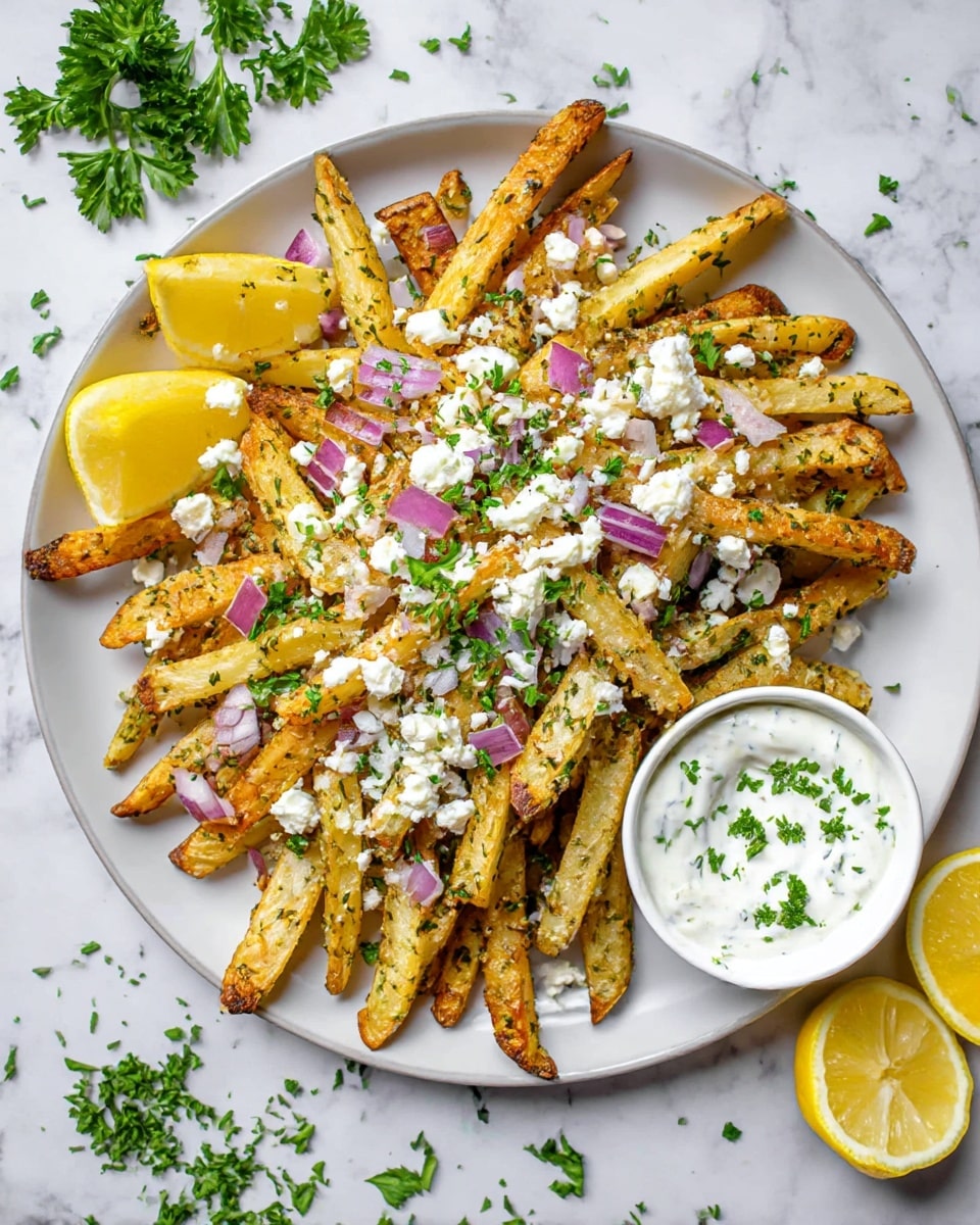 A white plate filled with golden, crispy baked fries seasoned with herbs forms the base layer. On top, there are scattered small white crumbles of soft cheese and finely chopped red onions adding texture and pops of color. Bright green parsley leaves are sprinkled across, giving a fresh look. On the side of the plate, three yellow lemon wedges and a small white bowl filled with creamy white sauce with small green herbs complete the dish. The plate is placed on a white marbled surface with extra chopped parsley scattered around. Photo taken with an iphone --ar 4:5 --v 7
