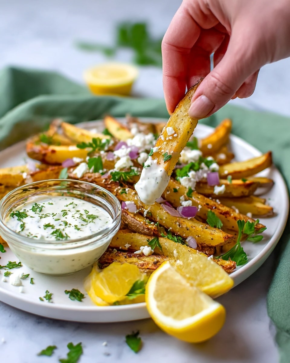 A white plate holds a layer of golden-brown roasted potato fries sprinkled with chopped purple onions, small white crumbles of cheese, and fresh green parsley leaves scattered on top. In the foreground, there are two wedges of bright yellow lemon resting on the plate. A small clear glass bowl of creamy white dipping sauce with green herbs is placed near the lemons. A woman's hand is dipping one potato fry into the sauce, showing a close-up of the fry partially covered in the sauce. The background has a soft green cloth on a white marbled surface. photo taken with an iphone --ar 4:5 --v 7