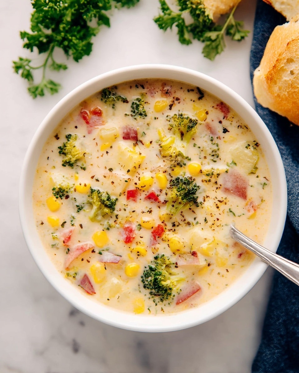 A white bowl filled with creamy soup containing small chunks of colorful vegetables like bright green broccoli florets, red tomato pieces, yellow corn kernels, and red potato chunks, all mixed in a smooth, thick, off-white broth with visible seasoning specks of black pepper. A silver spoon rests inside the soup on the right side of the bowl. The bowl sits on a white marbled surface, with fresh green parsley on the left and pieces of torn bread with a golden crust in the top right corner, while a dark blue cloth is partially visible in the bottom left corner. photo taken with an iphone --ar 4:5 --v 7