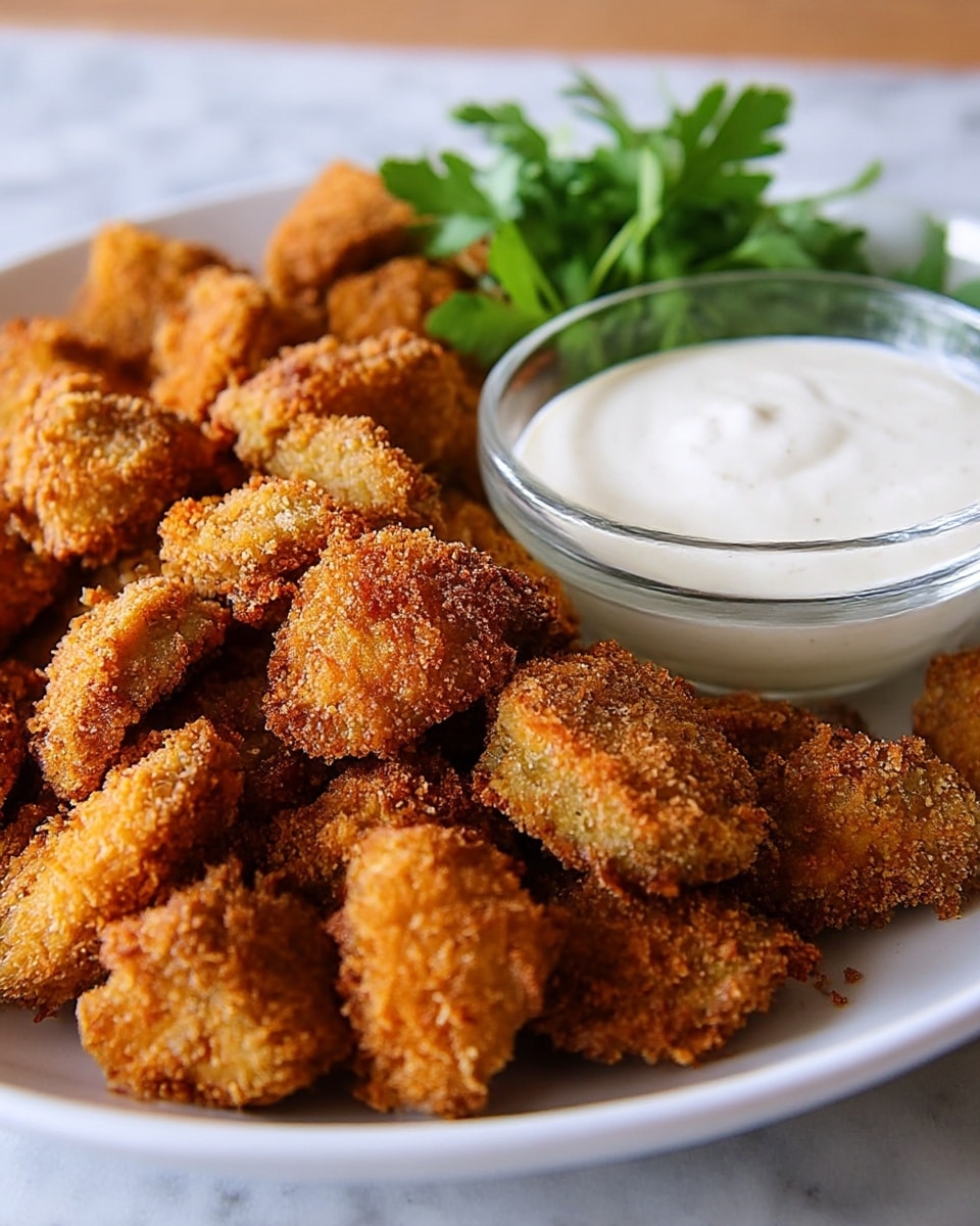 A close-up of a white plate piled high with golden-brown breaded and fried mushrooms that have a crispy texture and rough surface. Next to the mushrooms is a small clear glass bowl filled with smooth, white dipping sauce. A small bunch of fresh green herbs decorates the plate behind the sauce. The plate sits on a white marbled surface, showing the warm, crunchy mushrooms as the main focus. Photo taken with an iphone --ar 4:5 --v 7