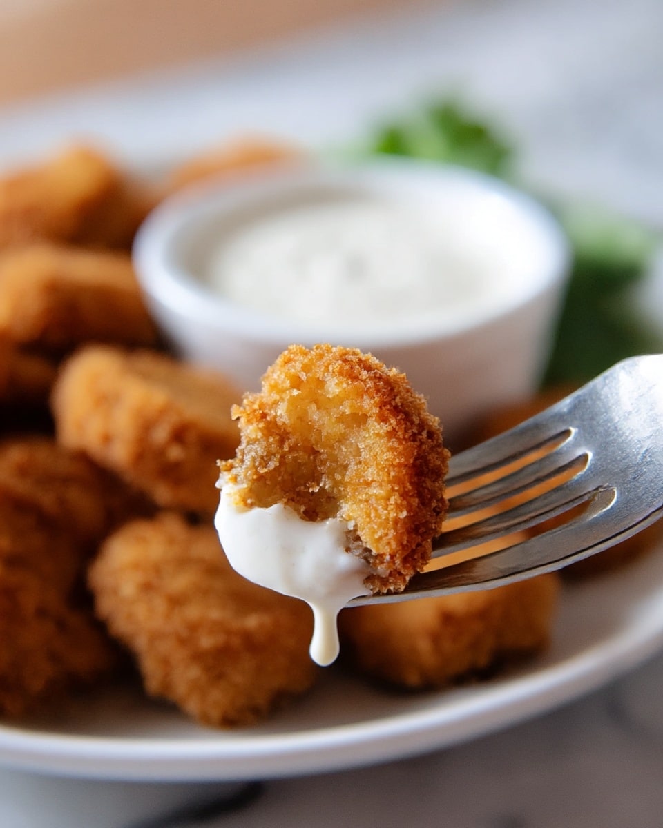 A close-up view of a golden brown, crispy breaded mushroom piece pierced by a silver fork in the center of the image, dipped partially in a creamy white sauce dripping softly from its bottom edge. The background shows a blurry pile of similar breaded mushrooms on a white plate, and a small white bowl filled with the same creamy sauce can be seen further back with some green garnish beside it, all set on a white marbled surface. The scene highlights the crunchy texture of the mushroom coating and the smoothness of the sauce. photo taken with an iphone --ar 4:5 --v 7