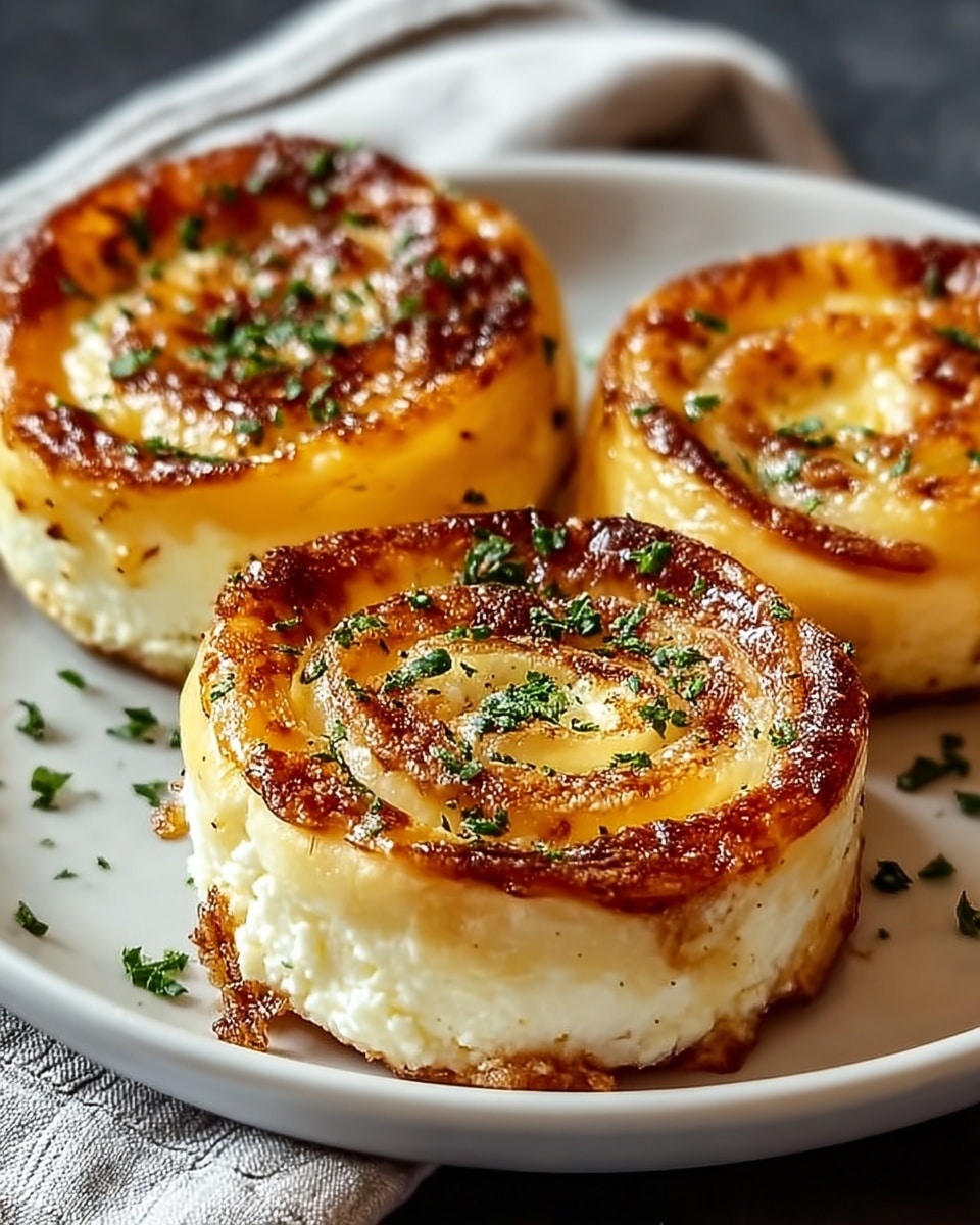 Three round cheese swirls sit closely on a white plate, each with distinct layers of melty white and golden-brown cheese. The top layer is caramelized with a glossy, browned finish, and sprinkled with small green herb bits. The edges of the cheese show slight crispness, hinting at a soft, creamy interior that peeks out at the base, with a textured layer of white cheese underneath. The plate sits on a white marbled surface with a folded cloth nearby. Photo taken with an iphone --ar 4:5 --v 7
