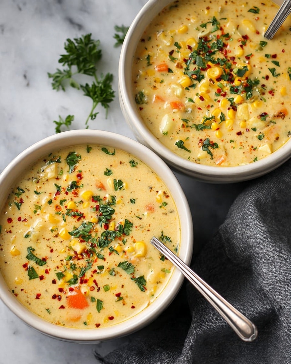 Two white bowls filled with creamy corn chowder sit on a white marbled surface with a gray cloth beside them. The soup has a thick, pale yellow base with visible chunks of yellow corn, orange carrot pieces, and small green herb bits scattered throughout. Bright green parsley leaves and small red chili flakes are sprinkled on top, adding color and texture. Each bowl has a silver spoon resting inside. The overall look is warm, hearty, and fresh. photo taken with an iphone --ar 4:5 --v 7