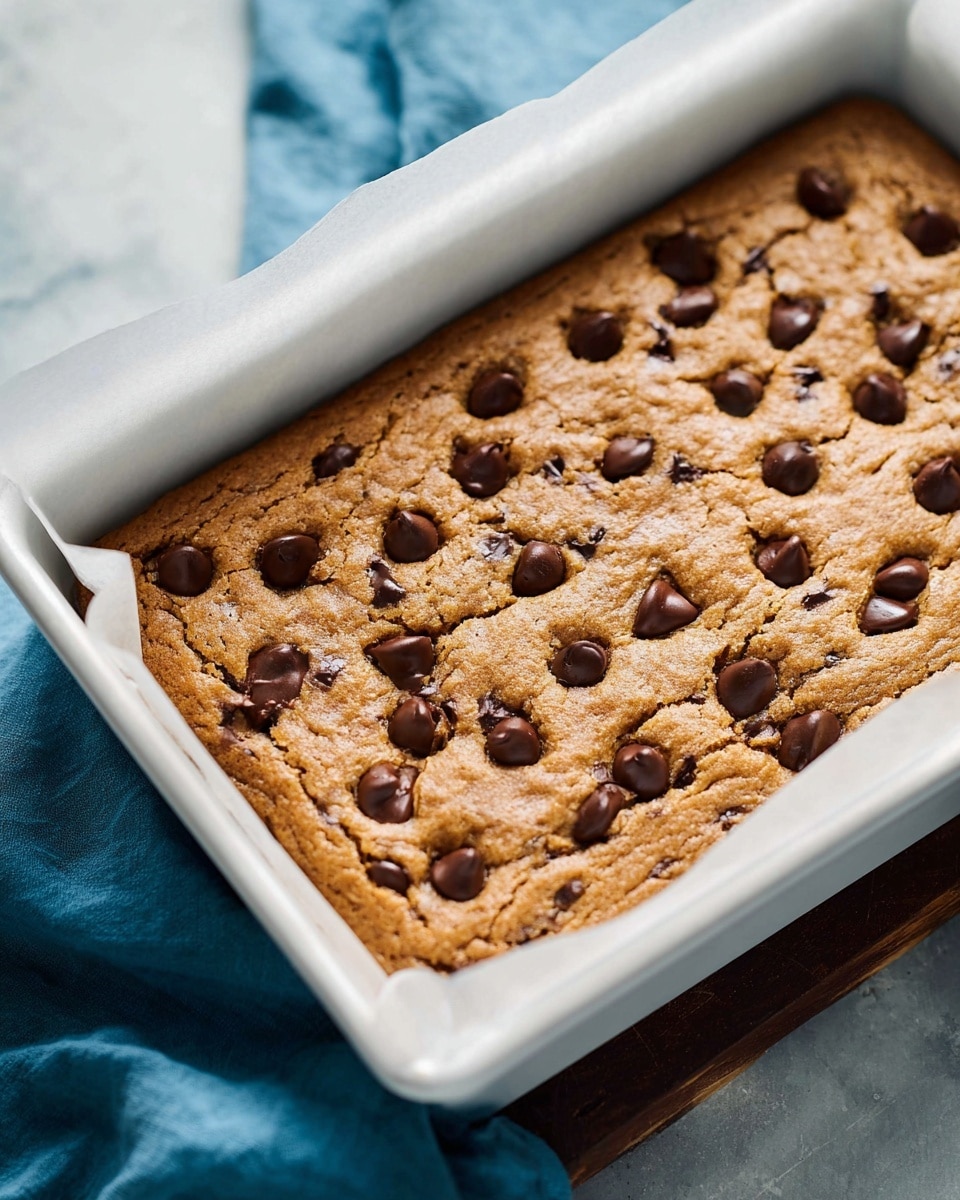A freshly baked, golden brown chocolate chip cookie bar rests evenly in a white baking tray lined with white parchment paper, showing a slightly cracked and soft textured surface. The cookie layer is thick, evenly spread, and dotted generously with shiny, dark chocolate chips that peek out from the top, adding a rich contrast to the warm brown dough. The tray is placed on a dark wooden table with a soft blue cloth partially visible beneath it, all set against a white marbled texture background. photo taken with an iphone --ar 4:5 --v 7