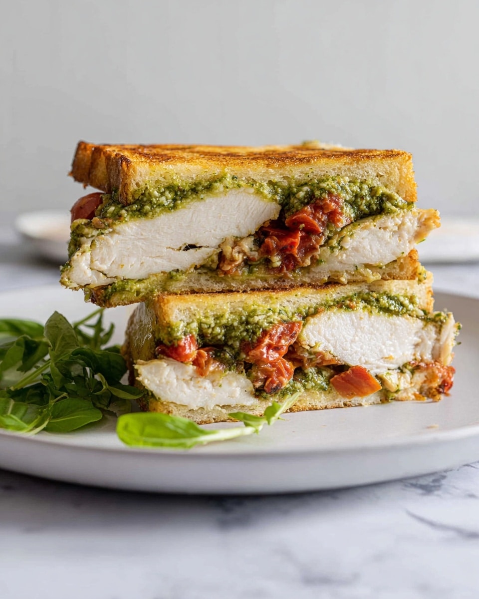 A sandwich is cut in half and stacked on a white plate, showing three visible layers. The bottom layer is toasted golden-brown bread, above it is a thick white chicken breast with a light texture. On top of the chicken is a mix of diced red tomatoes and a chunky green pesto spread. Another slice of toasted golden-brown bread sits on top of the sandwich. Fresh green leaves are placed beside the sandwich on the plate. The scene is set on a white marbled surface with a light background. photo taken with an iphone --ar 4:5 --v 7