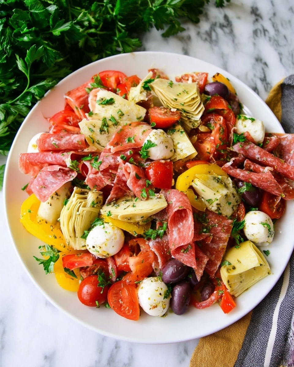 The image shows a white plate filled with a colorful Italian salad. The base layer contains light yellow artichoke hearts and bright yellow pepper rings mixed with slices of red cherry tomatoes and dark purple olives throughout. Above, there are folded slices of pink and red cured meats arranged evenly. Scattered white mozzarella balls coated with herbs add a soft texture, while fresh green parsley leaves are sprinkled on top, giving the dish a fresh look. The plate rests on a white marbled surface with a blurred green herb bunch nearby. photo taken with an iphone --ar 4:5 --v 7