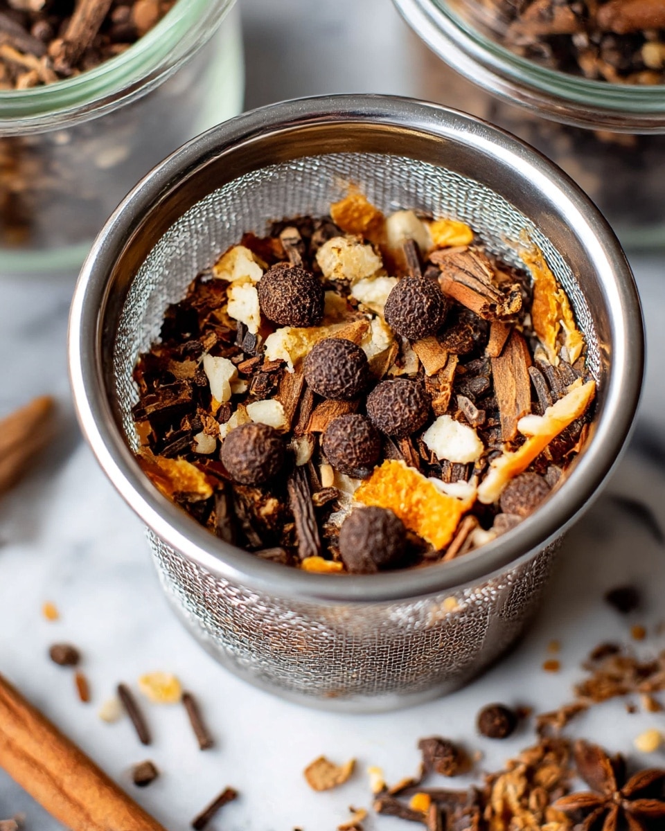 A close-up image shows a metal mesh tea infuser filled with a mix of dried spices and orange peel pieces. There are three main layers visible inside: small chunks of orange and white peel scattered throughout, dark brown cinnamon sticks and small bark pieces layered beneath, and round dark brown allspice berries resting mostly on top. The infuser rests on a white marbled surface with some spice pieces spilled around it. In the background, blurred glass containers hold more of the same spice blend. photo taken with an iphone --ar 4:5 --v 7