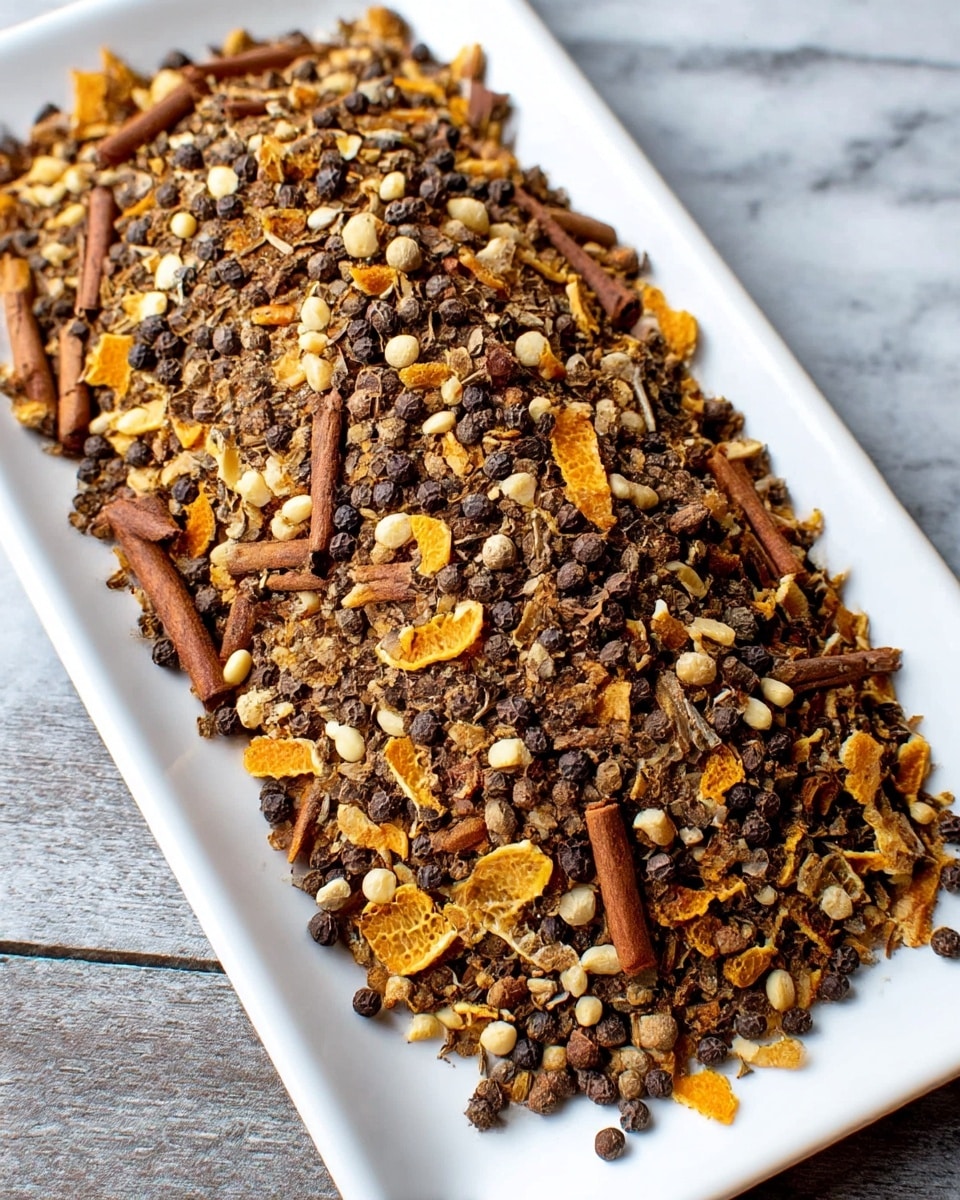 A close-up image of a white rectangular plate filled with a mix of dry spices and dried orange peel pieces layered evenly, showing dark brown cinnamon sticks as small broken pieces, bright orange and light beige dried citrus peels, and small round black peppercorns scattered all over. The plate is placed on a white marbled textured surface, with the mix forming a slightly rounded heap that covers most of the plate's surface. photo taken with an iphone --ar 4:5 --v 7