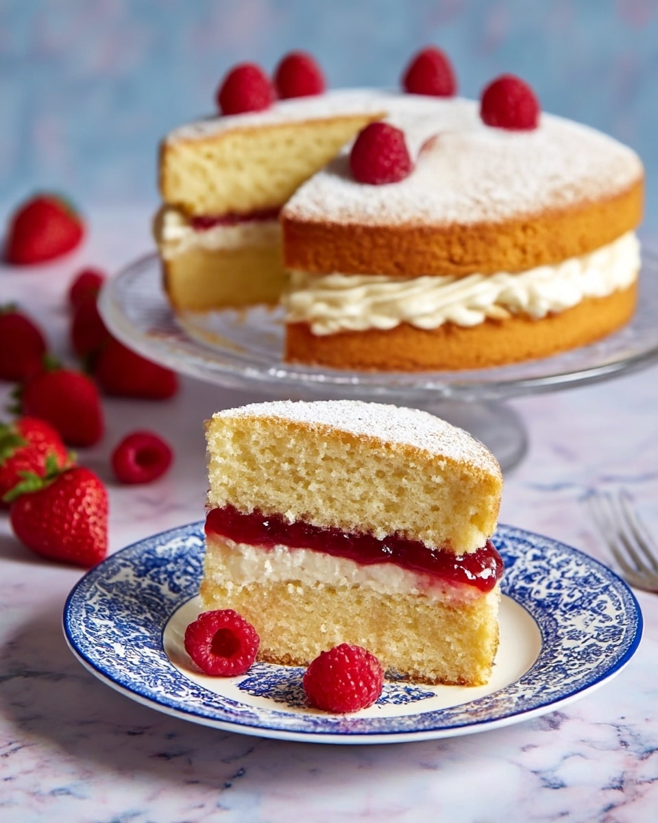 The image shows a two-layer sponge cake with light golden color, with the bottom layer topped by a thick red jam layer and a piped cream layer above it; the top layer is plain and dusted with powdered sugar, finished with three red raspberries on top; a slice of the cake is placed on a white plate with a blue intricate pattern, showing the jam and cream inside, with two raspberries at its base; the background features a white marbled surface, loose strawberries scattered around, and a clear glass cake stand holding the rest of the cake. photo taken with an iphone --ar 4:5 --v 7