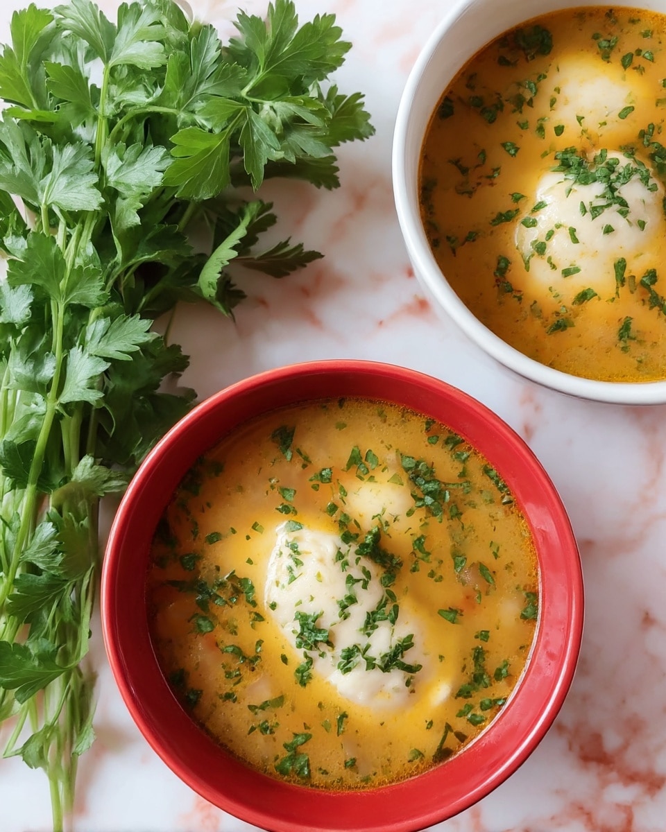 Two bowls of soup are shown on a white marbled surface, one in a red bowl at the bottom center and the other in a white bowl at the top right. Each bowl is filled with a light orange broth with visible small chunks and three white dumplings floating on top. Both soups are sprinkled with finely chopped green herbs, adding a fresh touch. To the left, there is a bunch of fresh green parsley with delicate leaves, providing vibrant color contrast. photo taken with an iphone --ar 4:5 --v 7