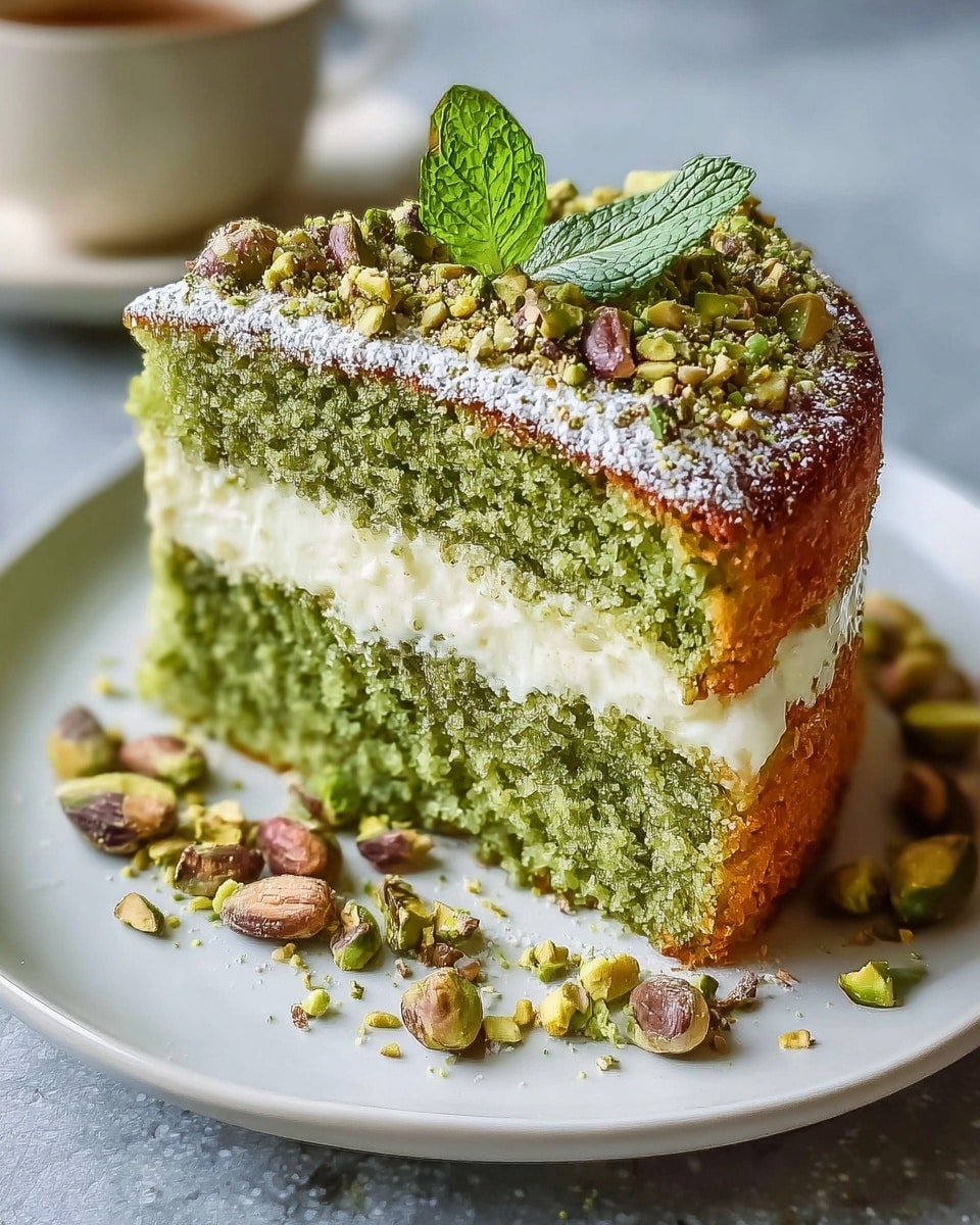 A round two-layer cake on a white plate with a thick middle layer of creamy white filling; the cake layers are green with a slightly crumbly texture and a golden-brown outer edge. The top of the cake is dusted with powdered sugar and decorated with whole and sliced pistachios, along with small green crumbs, with a small mint leaf accent. Crushed pistachio pieces and powdered sugar are scattered around the plate. In the background, there is a blurred white cup with a light brown drink. The scene is set on a white marbled surface. photo taken with an iphone --ar 4:5 --v 7