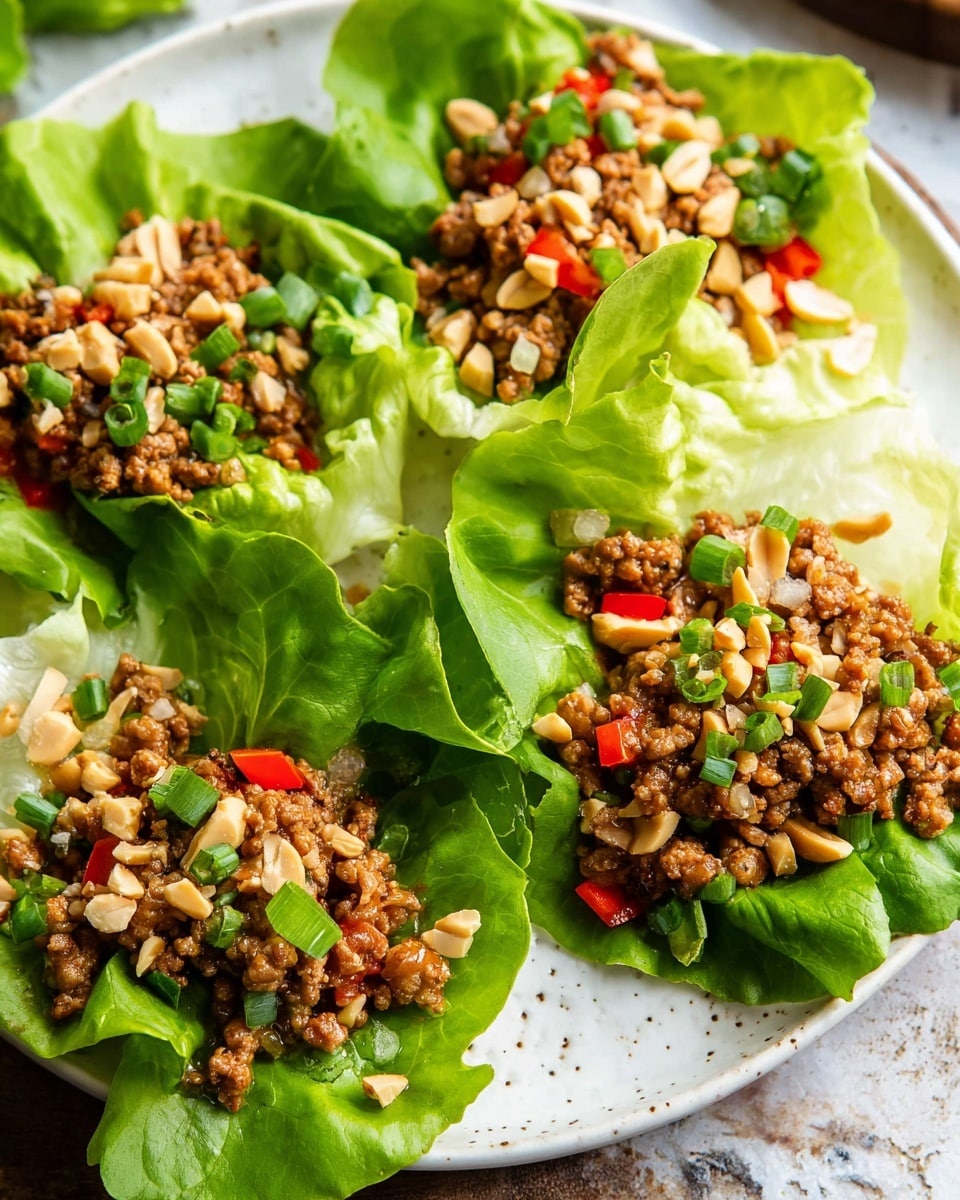 The dish shows four green lettuce cups arranged on a white plate placed on a white marbled textured surface. Each lettuce cup is filled with a brown minced meat mixture combined with small pieces of red bell pepper and onions. On top, there are small chopped green onions and crushed peanuts scattered generously. The lettuce leaves are fresh with a bright green color and a slightly crinkled texture, acting as natural bowls holding the savory filling. Photo taken with an iphone --ar 4:5 --v 7