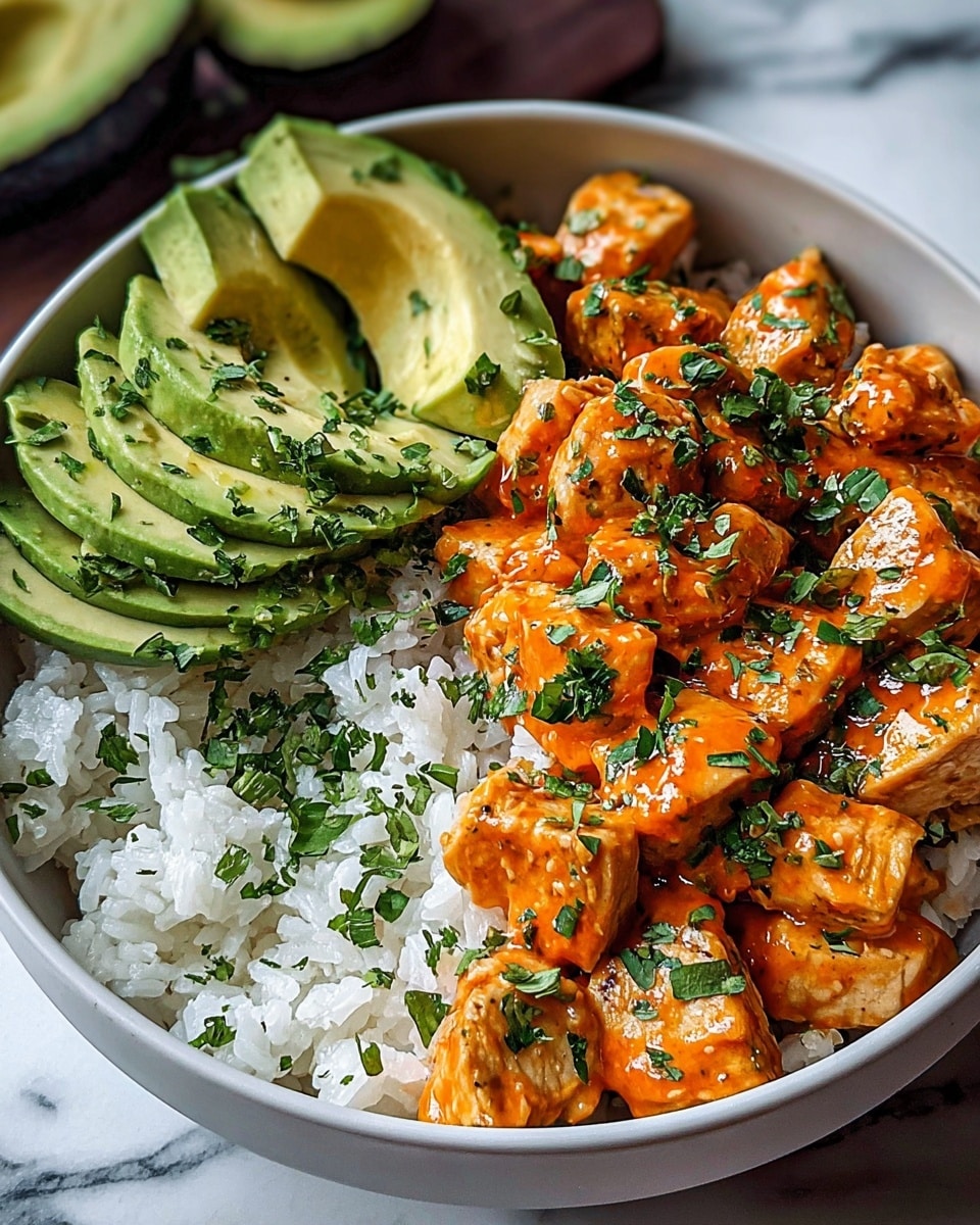 A bowl filled with three main layers is shown on a white marbled surface. The bottom layer is white rice with a soft and fluffy texture. Above the rice, there are chunks of grilled chicken covered in bright orange sauce, speckled mildly and garnished with fresh chopped green herbs scattered evenly on top. To one side of the chicken, there are slices of fresh avocado arranged neatly, showing light green inner flesh with darker green edges. The bowl is white, and the image has a close-up, warm tone look. Photo taken with an iphone --ar 4:5 --v 7