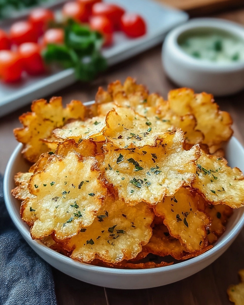 A white bowl filled with one layer of golden brown, crispy, scalloped-edged potato chips, sprinkled with small bits of green herbs, sitting on a wooden table covered with a white marbled texture. In the background, there is a small white bowl with a green dip and a tray with red cherry tomatoes and green leafy garnish, softly blurred. The chips have a crunchy texture and some are slightly curled, showing light and dark shades of golden color. Photo taken with an iphone --ar 4:5 --v 7