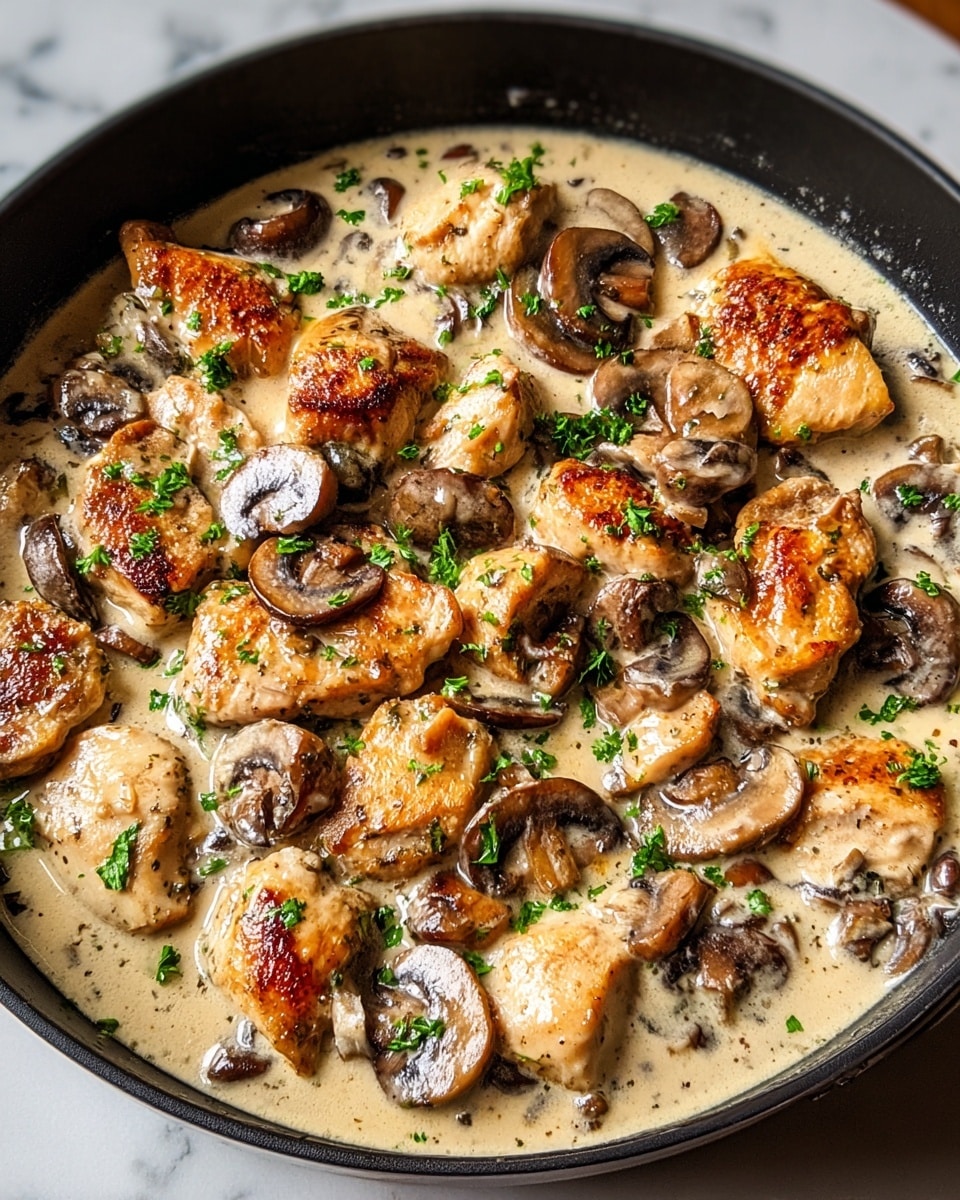 The dish is served in a black pan filled with bite-sized golden-brown chicken pieces that are cooked with a slightly crispy texture on the outside. The chicken sits in a creamy, light beige sauce that has a smooth and thick texture. Scattered around and mixed with the chicken are many slices of cooked mushrooms, which are brown and glossy, adding a rich look to the dish. Small bits of green parsley are sprinkled evenly on top, giving a fresh contrast to the creamy and brown colors. The pan is placed on a white marbled surface. photo taken with an iphone --ar 4:5 --v 7