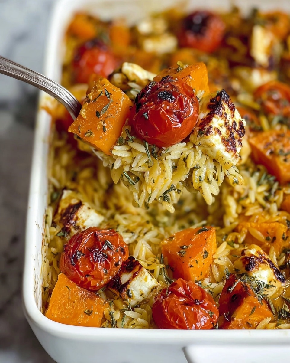 The dish is a close-up view of a white rectangular baking dish filled with three main layers: the bottom layer is soft, cooked orzo pasta with a light golden color mixed with herbs, the middle layer has roasted sweet orange-colored chunks of butternut or pumpkin, and the top layer shows browned, grilled cubes of cheese with a crispy outside, along with whole roasted cherry tomatoes that are bright red and slightly wrinkled. The food looks moist and covered in green herbs scattered on top. A vintage silver spoon lifts a portion of the dish, showing all layers together against a white marbled texture background. Photo taken with an iphone --ar 4:5 --v 7