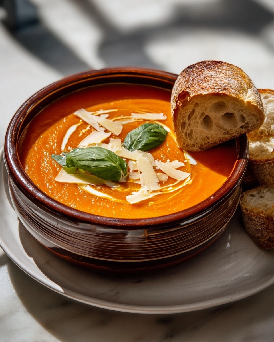 A rustic, brown earthen bowl filled with smooth, thick bright orange soup is placed on a white plate, all set on a white marbled surface. The soup has a swirl of white cream in the center, topped with thin beige cheese shavings and two fresh green basil leaves. A piece of crusty bread with a golden-brown crust and airy inside leans on the rim of the bowl, with additional bread pieces tucked beside it on the white plate. Soft daylight creates gentle shadows and highlights on the soup and bread. Photo taken with an iphone --ar 4:5 --v 7