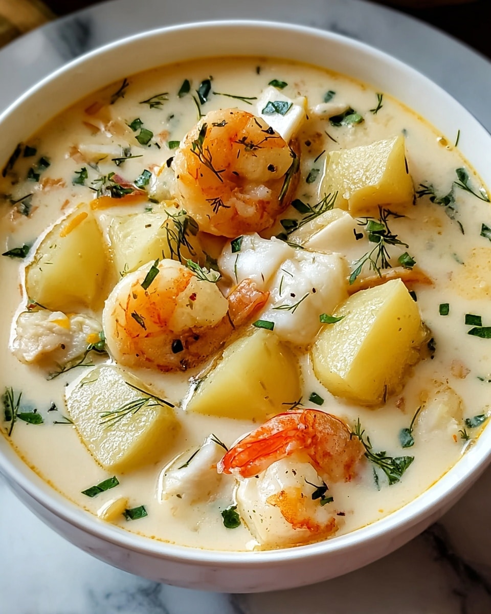 A white bowl filled with creamy, light beige seafood chowder with a smooth texture forms the base layer. Scattered throughout are chunky, pale yellow potato pieces with a soft, slightly grainy texture, and plump shrimp that have a light pink and translucent white color with subtle char marks. Tender white fish chunks with flaky texture are mixed in, along with small green herb pieces sprinkled on top, adding bright green accents. The dish sits on a white marbled surface, enhancing the fresh and cozy feel. Photo taken with an iphone --ar 4:5 --v 7