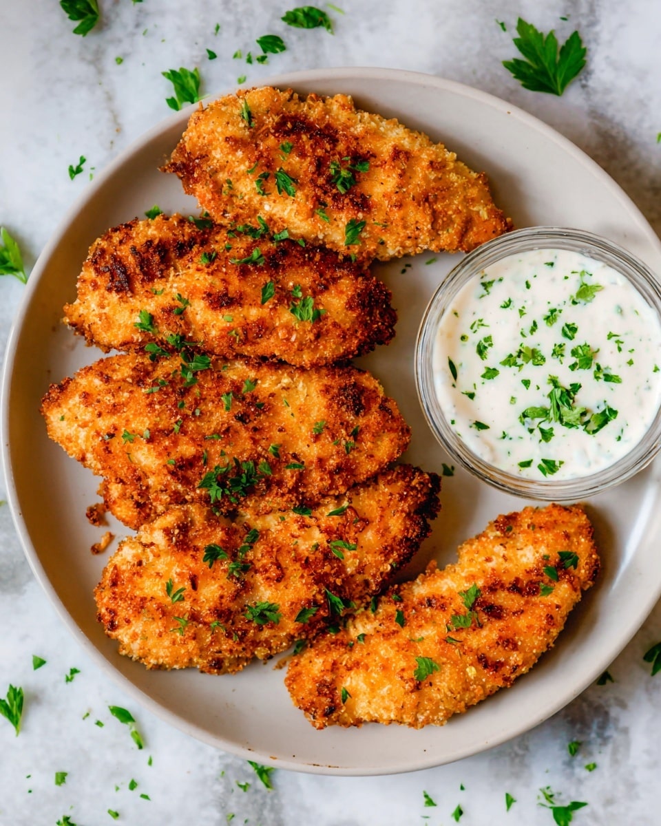 The image shows a round white plate with five pieces of golden-brown fried chicken tenders arranged in a slightly overlapping manner. Each piece has a rough, crispy texture with a mix of lighter and darker brown spots. The chicken pieces are sprinkled with small green chopped herbs for garnish. On the right side of the plate, there is a small glass bowl filled with white creamy sauce, also topped with green herbs. The plate is set on a white marbled surface with some scattered green herbs around for decoration. Photo taken with an iphone --ar 4:5 --v 7