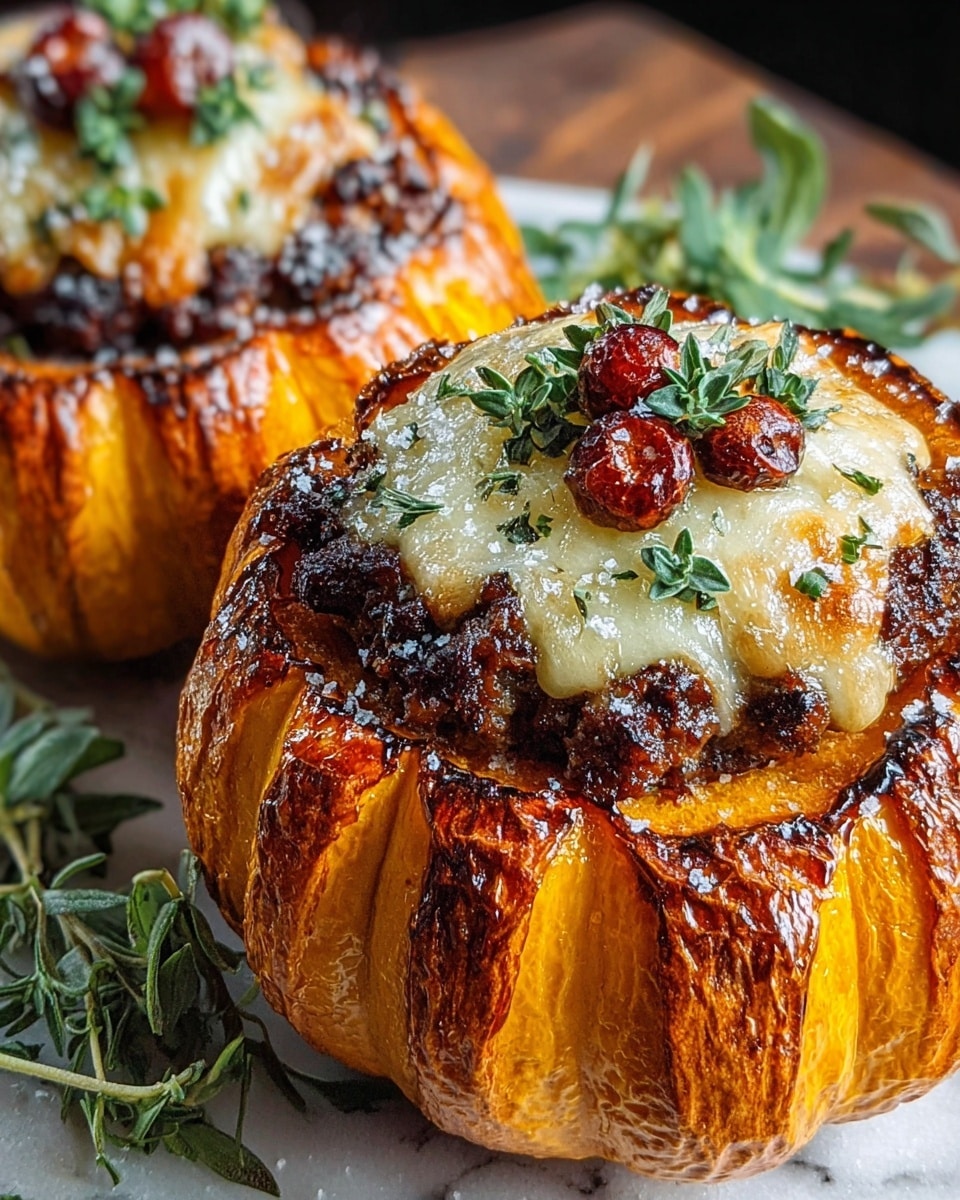 Two small roasted orange pumpkins are styled as bowls on a white marbled surface. Each pumpkin is filled with a dark brown, crumbly meat layer topped with a layer of melted pale yellow cheese that drips slightly over the edges. On top of the cheese, there are small red round pieces and fresh green herb leaves sprinkled with coarse white salt crystals. The pumpkins have a caramelized, slightly shiny surface with deep grooves. Fresh green herb sprigs lie beside the pumpkins. Photo taken with an iphone --ar 4:5 --v 7