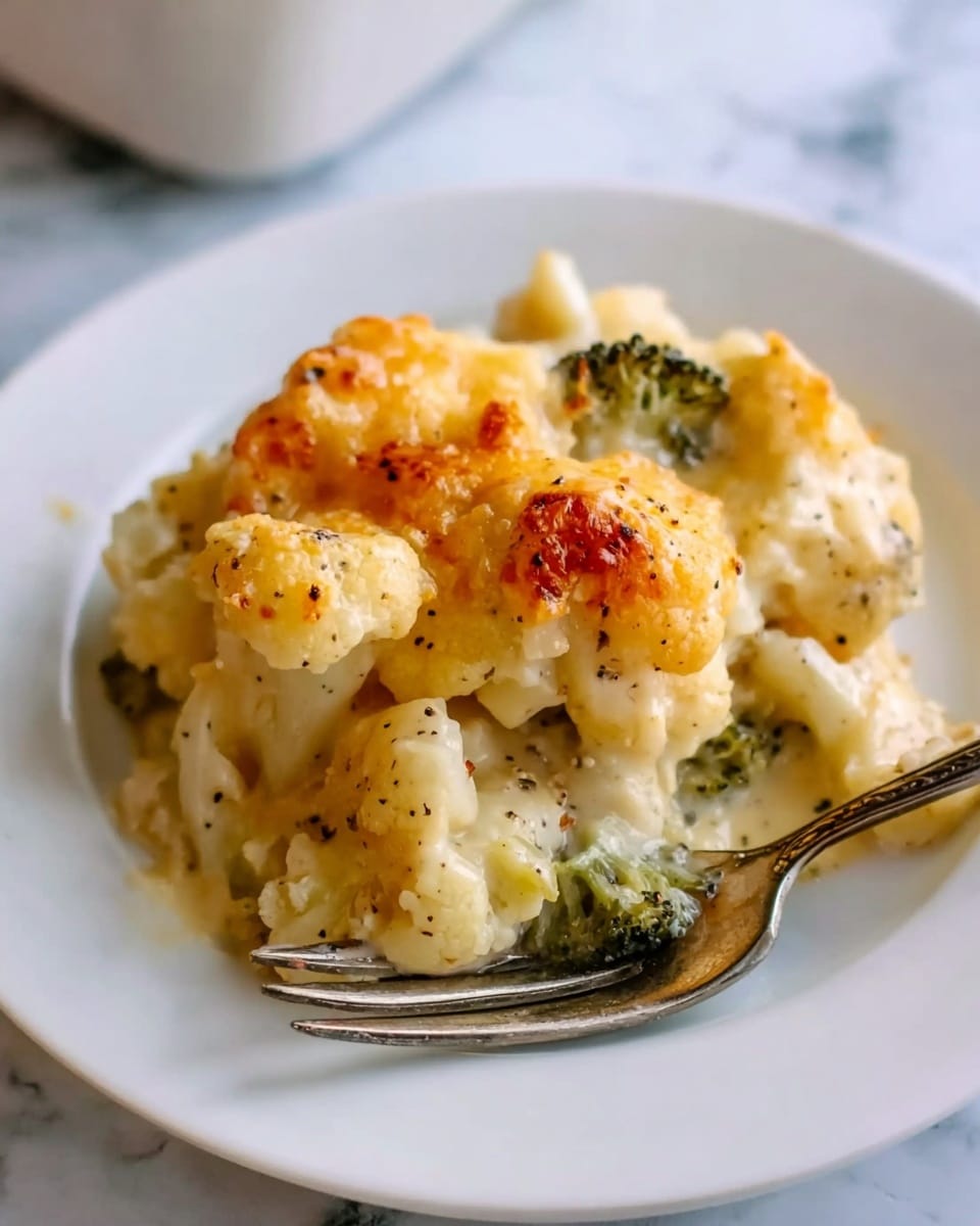 A close-up view of a single serving of cauliflower gratin on a white plate, showing about two to three layers of soft, slightly browned cauliflower florets covered in a creamy, pale yellow cheese sauce with visible flecks of black pepper. The top layer is lightly browned, adding texture and color contrast to the smooth sauce underneath, while some small pieces of green broccoli peek through beneath the cauliflower. A silver fork rests on the edge of the plate, partly in focus. The background shows a white marbled texture surface. photo taken with an iphone --ar 4:5 --v 7
