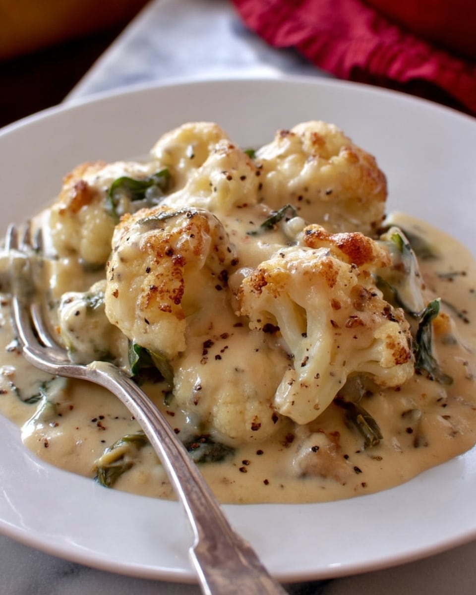 The dish is a close-up of a creamy cauliflower bake served on a white plate. The main layer features large, soft cauliflower florets with a slightly browned, crispy top, sitting in a thick, smooth, light beige sauce speckled with black pepper and herbs. The sauce covers the base of the plate, wrapping around the cauliflower pieces, which show some green bits of cooked greens or herbs mixed in. A silver fork rests on the edge of the plate, all set against a white marbled surface with a hint of a red cloth in the background. Photo taken with an iphone --ar 4:5 --v 7