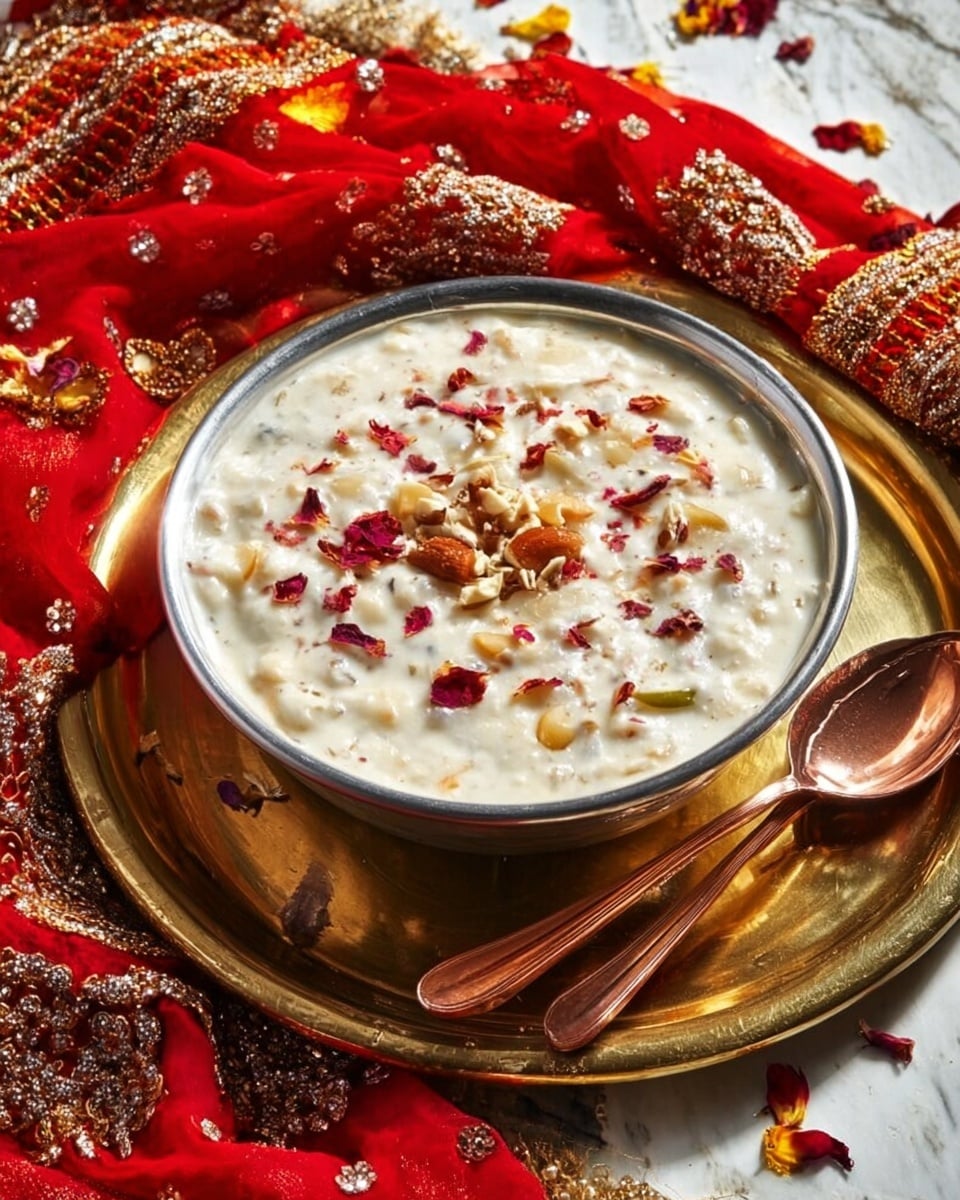 The image shows a bowl filled with a creamy white dish that looks thick and textured with small chunks, possibly nuts or fruit pieces, mixed inside. On top, there is a scattering of small red flower petals and a few crushed nuts in the center, adding color and texture contrast. The bowl is silver-toned and placed on a shiny golden tray with two silver spoons with copper handles resting on it. Bright red fabric with gold embroidery is draped around the bowl, creating a rich and festive look. The background is a white marbled texture. photo taken with an iphone --ar 4:5 --v 7