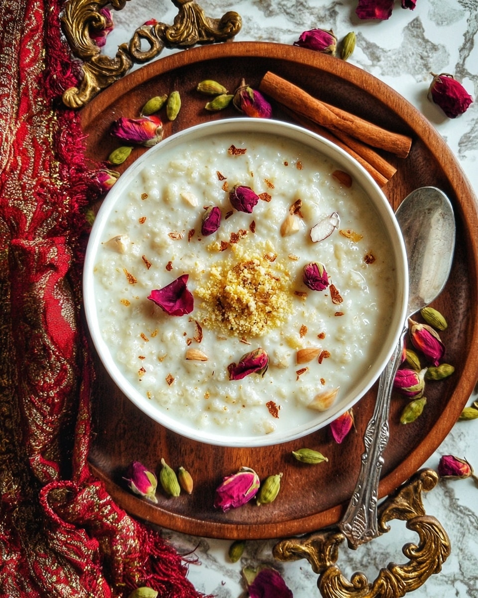 A white round bowl filled with creamy white rice pudding mixed with small beige and light brown nut pieces, topped with a small mound of crushed yellow nuts and scattered dark red rose petals. The bowl sits on a rustic wooden tray with an ornate golden handle, surrounded by loose dried rose petals, green cardamom pods, and brown cinnamon sticks. There's a silver spoon placed on the tray near the bowl, and a richly patterned red and gold fabric partially draped at the bottom left. The entire setting is on a white marbled textured surface. photo taken with an iphone --ar 4:5 --v 7