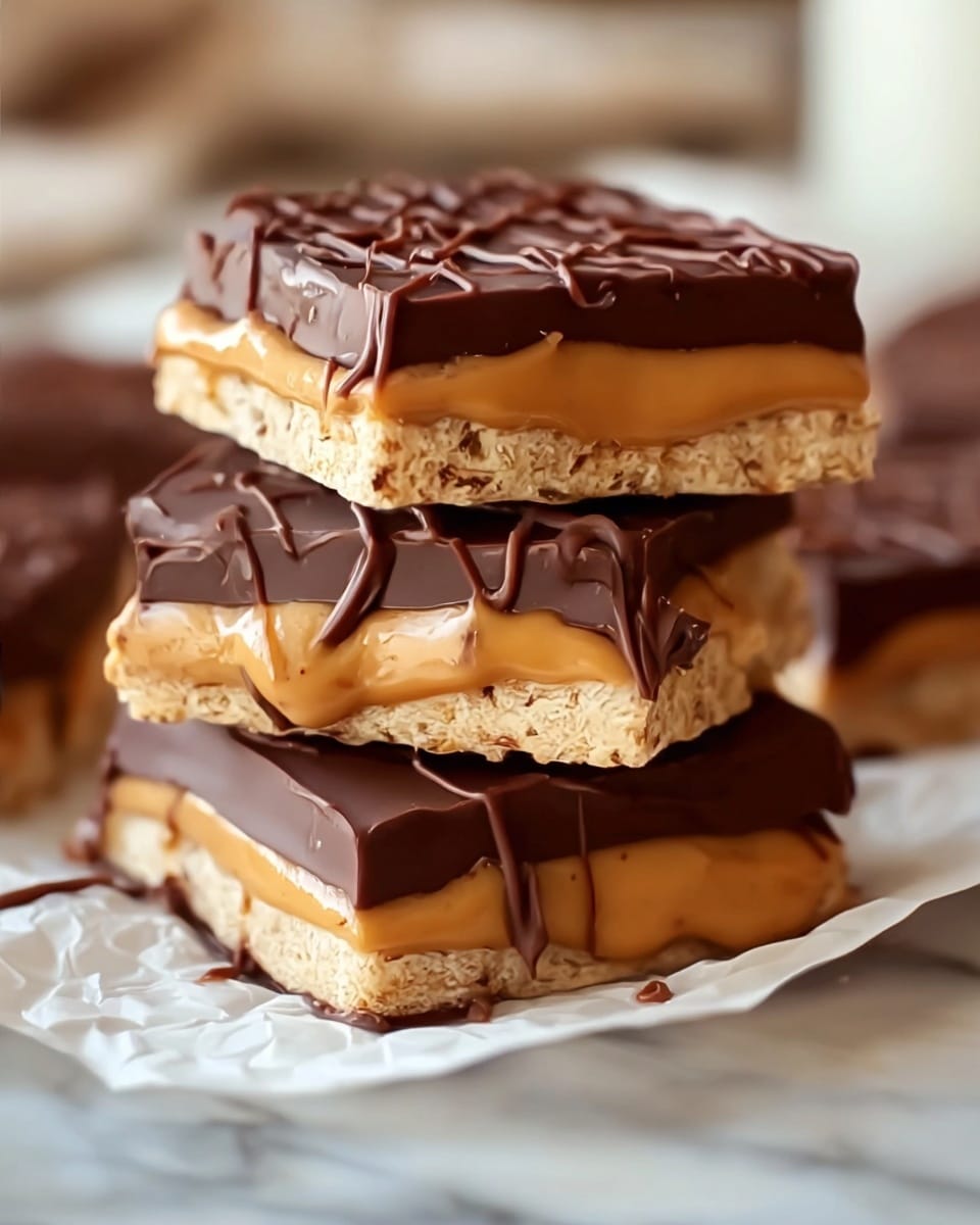 A close-up view of a three-layer stack of square treats, each layer composed of a light tan, crumbly biscuit base topped with a thick, creamy, glossy peanut butter middle that slightly oozes out at the edges, and covered with a smooth, shiny dark brown chocolate layer with fine drizzled chocolate lines on top. The edges show slight melting where the peanut butter spreads out beneath the chocolate. This stack is placed on crumpled white parchment on a white marbled surface with a soft, blurred background. photo taken with an iphone --ar 4:5 --v 7