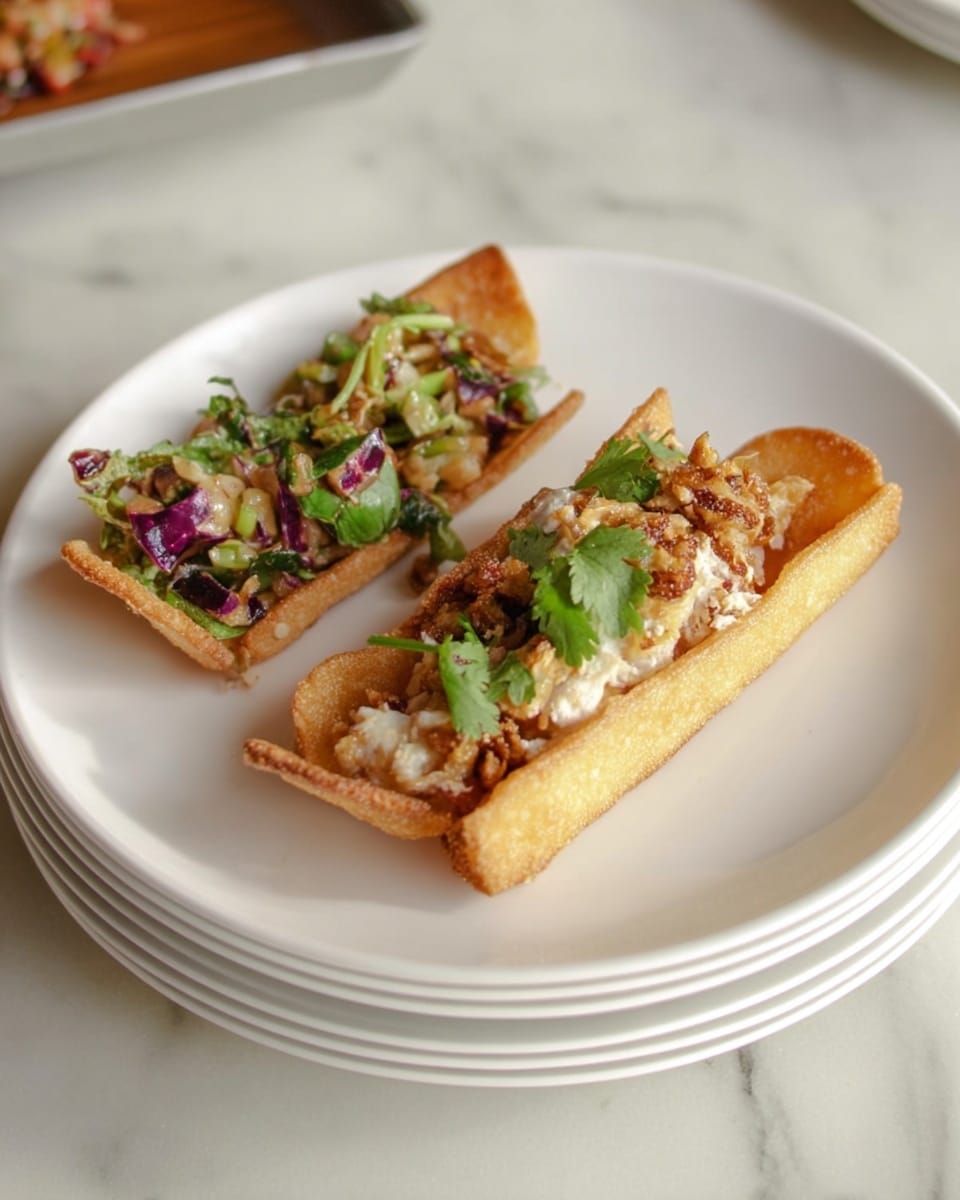 The dish shows two crispy, golden-brown rectangular chips placed on a white plate with one chip holding a colorful topping of mixed vegetables including green leaves, purple cabbage, and light-colored sauce, while the other chip has a mixture of white sauce, brown bits, and fresh green cilantro on top. The chips are slightly curved with a crunchy texture, and the toppings are spread unevenly giving a fresh and rustic look. The white plate is set on a smooth white marbled surface with part of a stack of similar white plates visible underneath. photo taken with an iphone --ar 4:5 --v 7