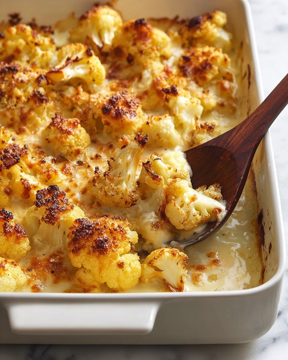 A white rectangular baking dish filled with roasted cauliflower florets layered on a creamy, melted cheese base. The cauliflower pieces are golden yellow with browned, crispy edges, showing a mix of soft texture and slight charring. A dark wooden spoon is scooping up some of the cauliflower and creamy sauce from the dish. The dish sits on a white marbled surface, and there are visible spots of melted cheese clinging to the edges of the baking dish. photo taken with an iphone --ar 4:5 --v 7