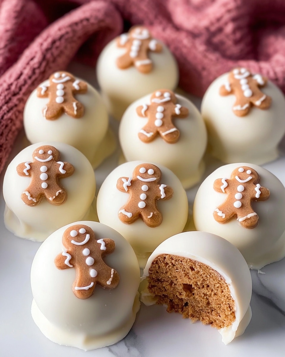 A group of eight smooth, round white chocolate balls are arranged closely on a white marbled surface, each topped with a small, detailed light brown gingerbread person cookie decorated with white icing to show eyes, mouth, buttons, and lines on arms and legs. One chocolate ball is cut in half, revealing a dense, crumbly brown gingerbread cake inside. The white chocolate coating is thick and shiny, covering the whole ball and forming a slight base at the bottom where it touches the surface. Behind the balls, part of a soft, textured deep pink fabric is visible. photo taken with an iphone --ar 4:5 --v 7