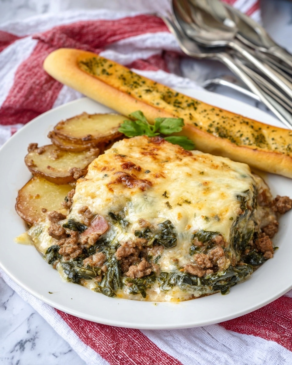 A white plate holds a layered casserole dish with about three visible layers: the bottom layer is light brown and tan potato slices with some crispy edges, the middle layer contains cooked brown ground meat mixed with dark green leafy vegetables, and the top layer is covered with melted, slightly browned cheese that looks creamy and gooey, spreading unevenly over the dish. To the side of the casserole, a long golden brown breadstick with some green herb specks rests on the plate. The plate is placed on a white marbled surface next to silver cutlery and under a red and white striped cloth. Photo taken with an iphone --ar 4:5 --v 7