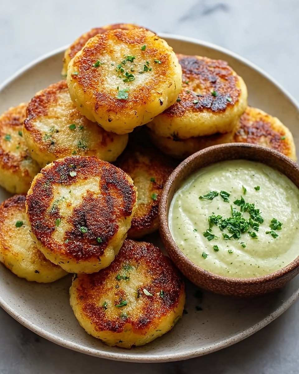 A white plate holds ten small, round potato cakes stacked in two layers, with the top layer showing golden-brown, crispy textures and small green herb pieces sprinkled on the surface, emphasizing their cooked finish. On the right side of the plate, there is a small brown bowl filled with a creamy, pale green dipping sauce, topped with finely chopped green herbs. The background is a white marbled texture, creating a clean and simple setting. Photo taken with an iphone --ar 4:5 --v 7