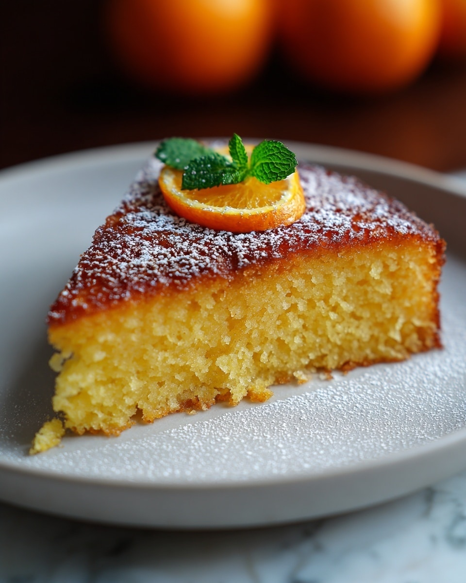 A single slice of orange cake with one layer shows a moist, golden-yellow texture inside and a slightly darker caramelized crust on top. The top layer is sprinkled with fine white powdered sugar, and it is decorated with a thin, round orange slice and a small sprig of green mint. The cake sits on a white plate with a subtle shadow around it, placed on a white marbled surface with blurred oranges in the background. Photo taken with an iphone --ar 4:5 --v 7