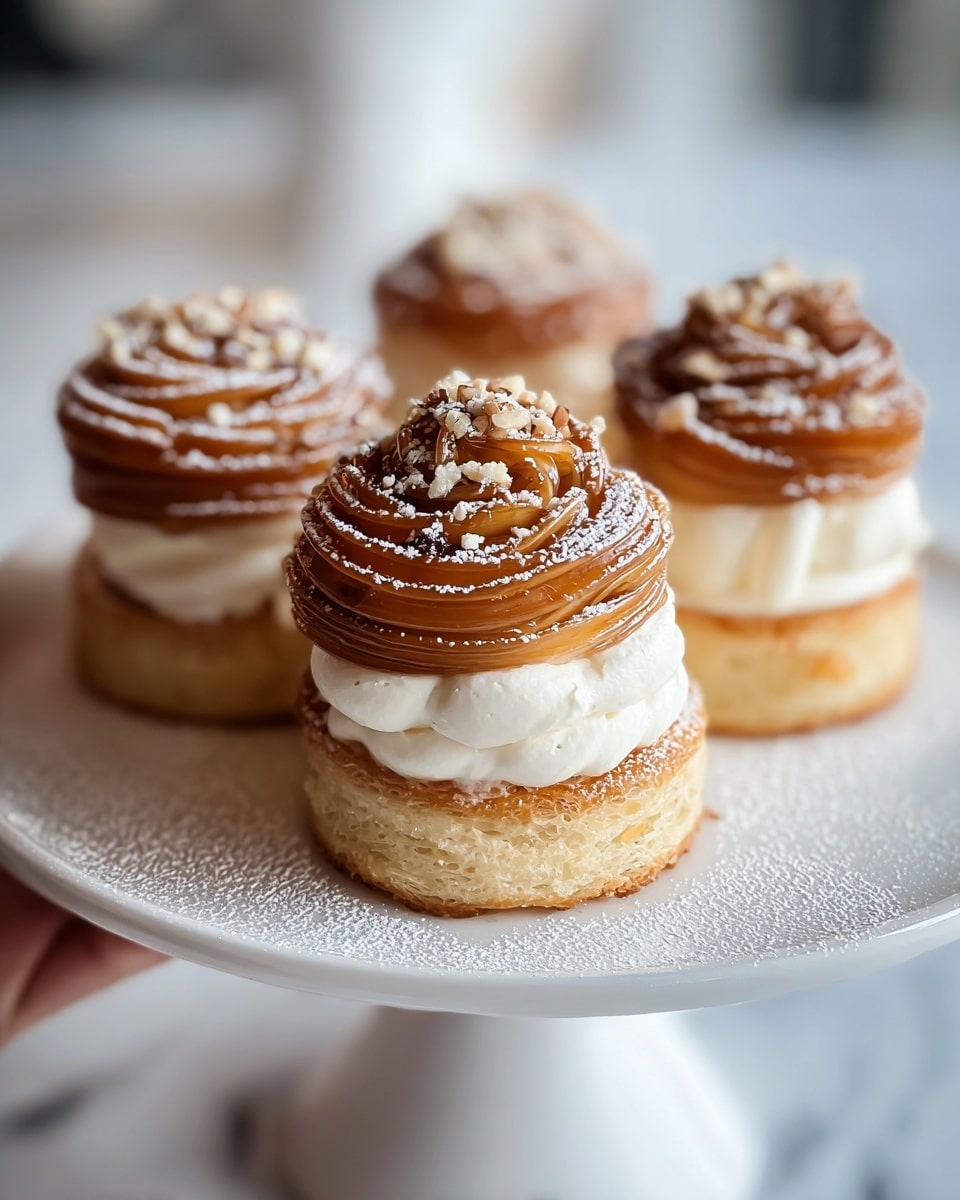 The image shows three small round cakes on a white cake stand with powdered sugar sprinkled around. Each cake has three layers of golden-brown, slightly flaky pastry at the bottom, topped with a thick white cream layer, and finished with a swirled, rosette-shaped caramelized brown topping sprinkled with small nut pieces and dusted with powdered sugar. The background is blurred with a white marbled texture surface, and a woman's hand is holding the cake stand lightly from the side. photo taken with an iphone --ar 4:5 --v 7