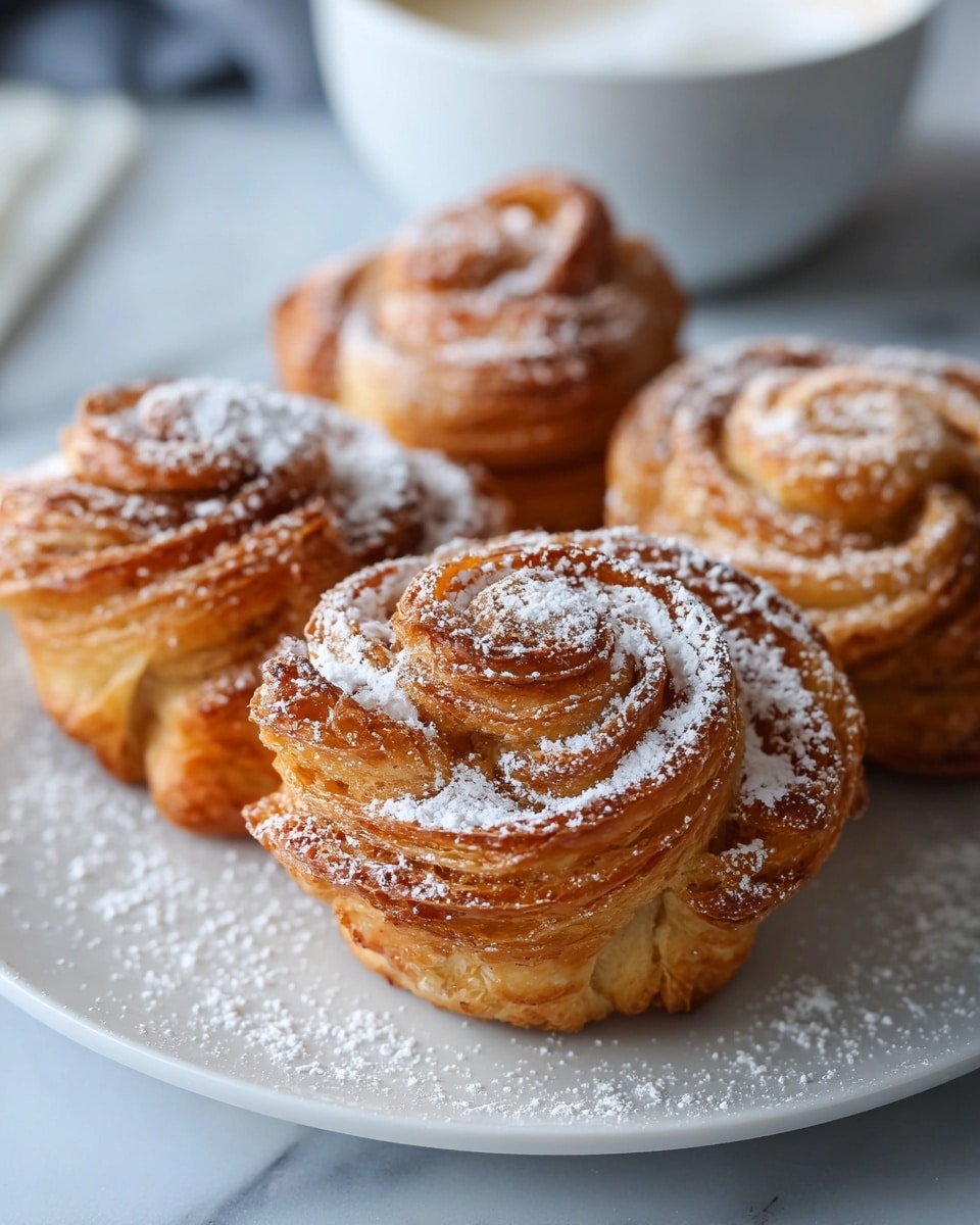 A close-up of four golden brown, flaky pastries arranged on a white plate, each pastry shaped like a rose with multiple layers of crispy, swirled dough, sprinkled lightly with powdered sugar on top and around the plate; the texture is rich with visible cinnamon dusting and slight caramelized edges, set on a white marbled surface with a soft focus on the background showing a white bowl. photo taken with an iphone --ar 4:5 --v 7