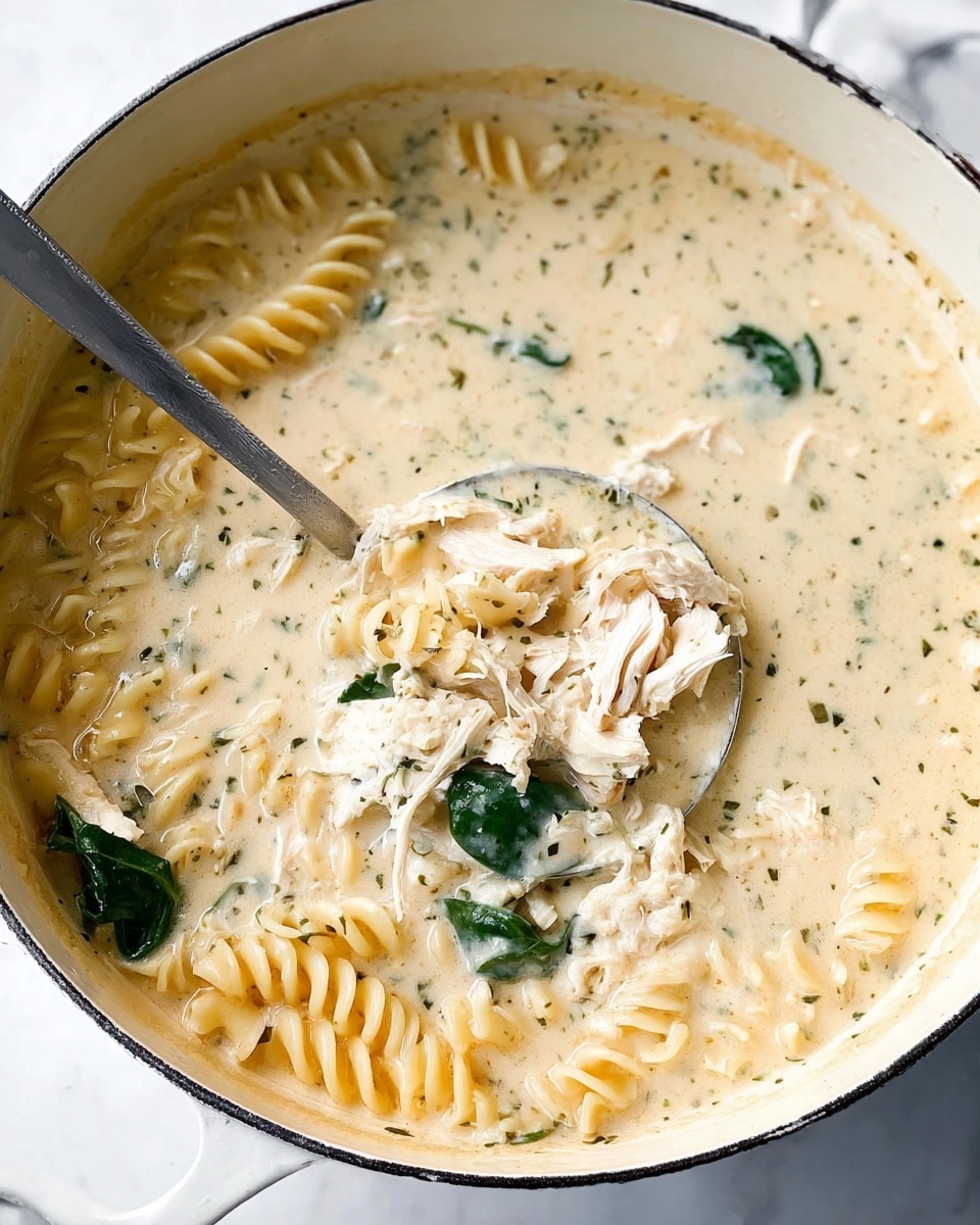 A white bowl filled with creamy light beige soup containing seven pieces of wavy-edged pasta floating on top. The pasta has a soft yellow color, and scattered green leafy herbs are mixed throughout the soup. There are also pieces of tender-looking white chicken breast mixed in, with the soup having a smooth and thick texture. A silver spoon rests inside the bowl on the right side. The bowl is placed on a white marbled surface. Photo taken with an iphone --ar 4:5 --v 7